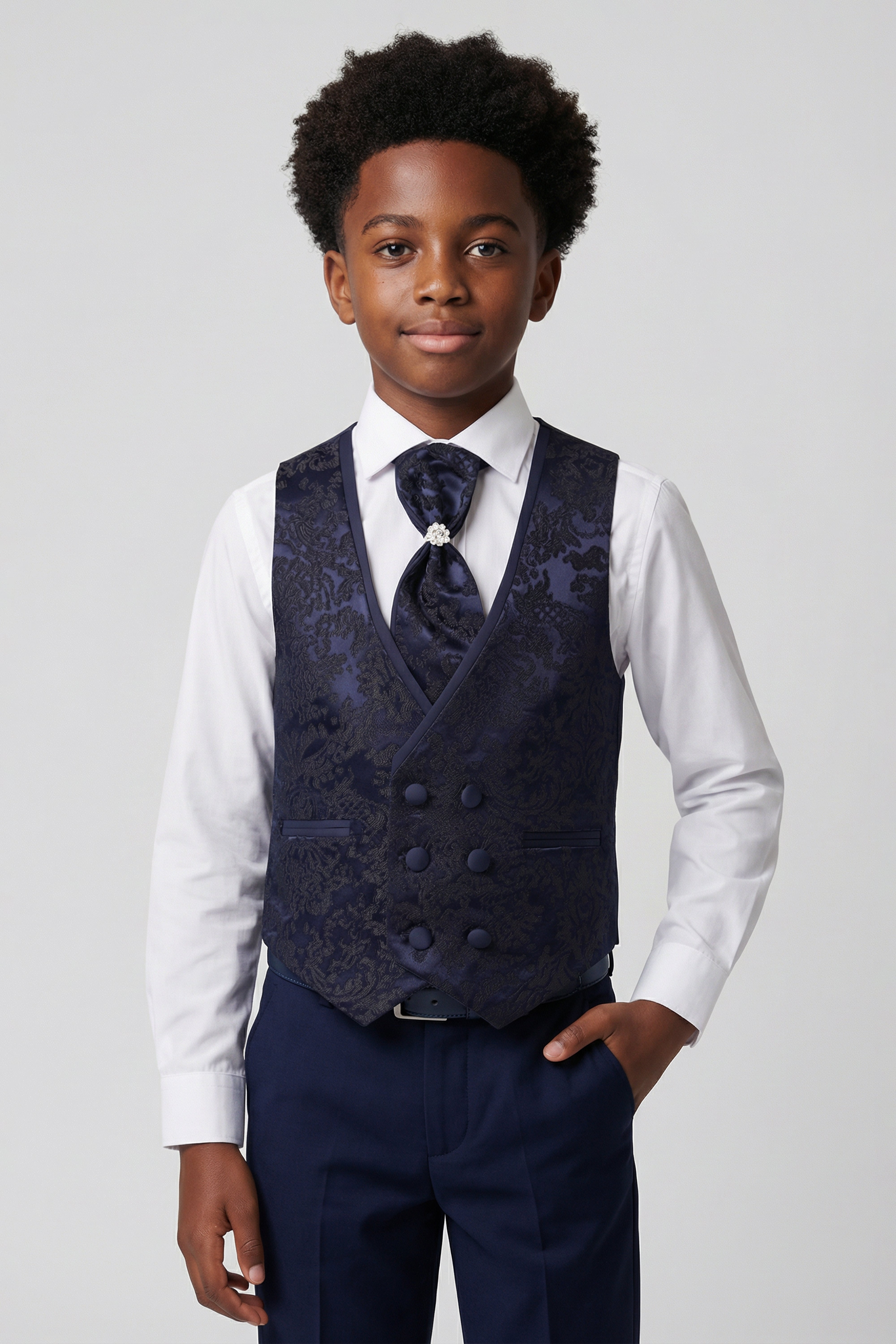 Boys Satin Lapel Paisley Floral Tuxedo Suit Set - Navy