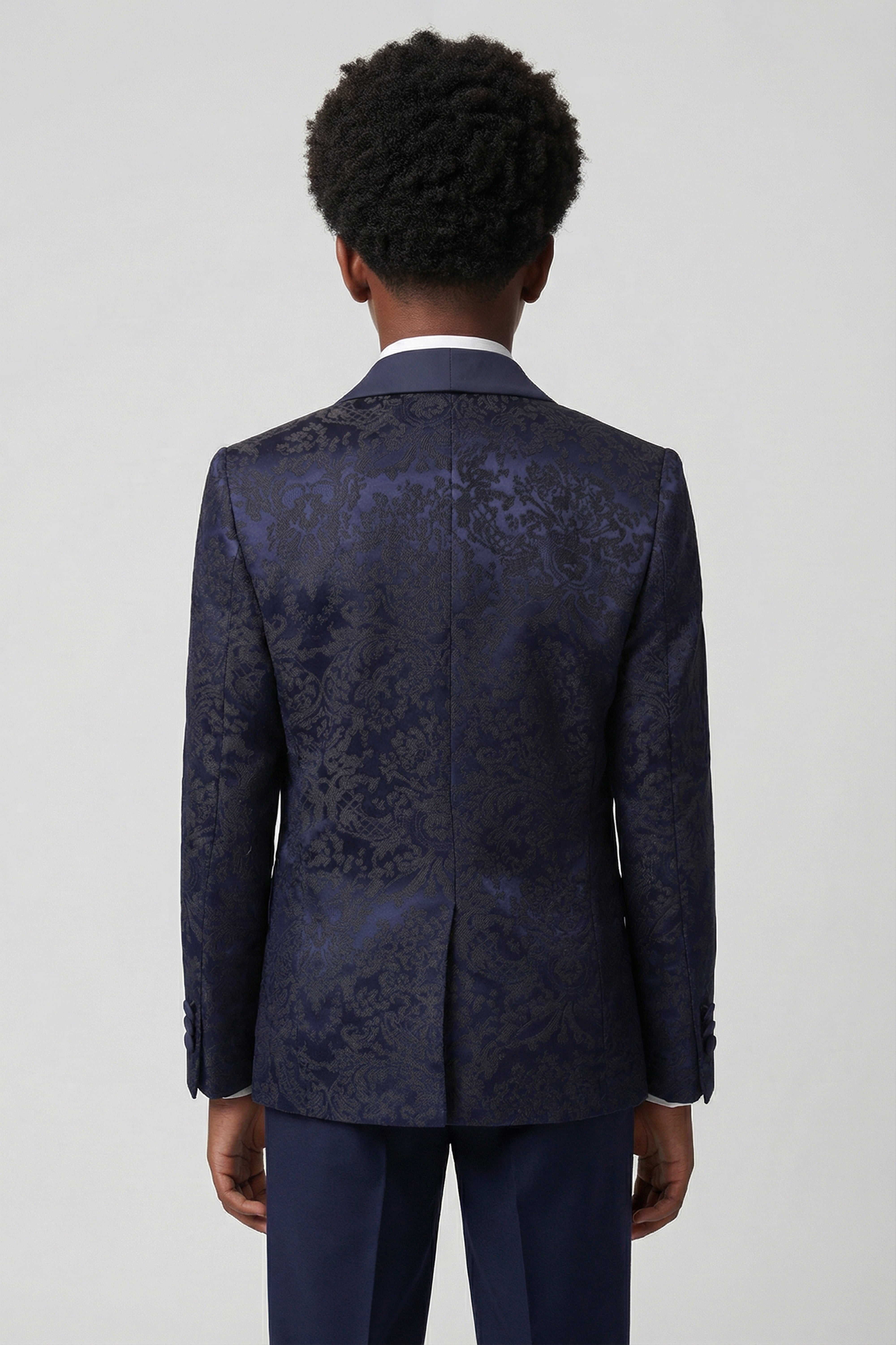 Boys Satin Lapel Paisley Floral Tuxedo Suit Set - Navy