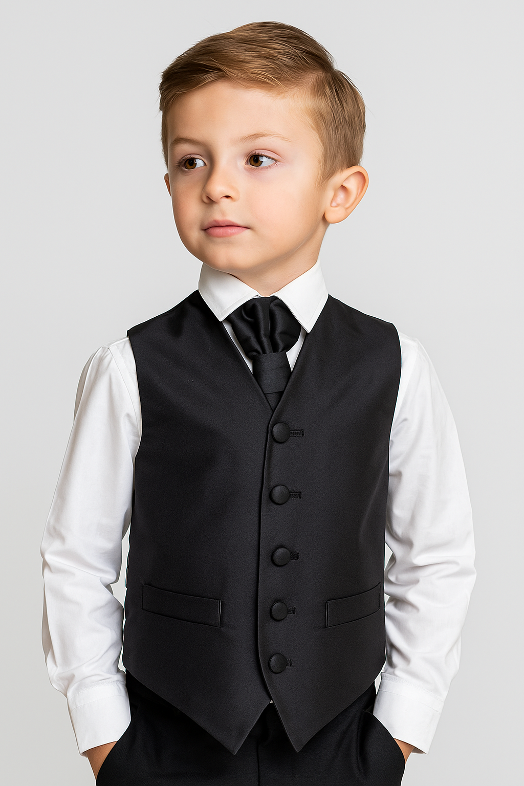 Boys Satin Waistcoat & Cravat Set - Black Model Picture
