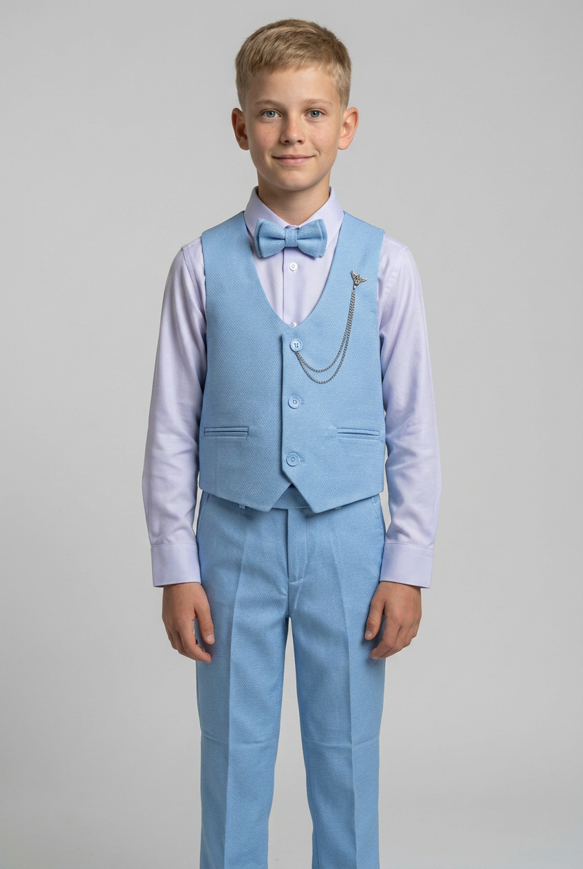 Boys' Slim Fit Textured Waistcoat Suit Set, Formal Outfit - Baby Blue
