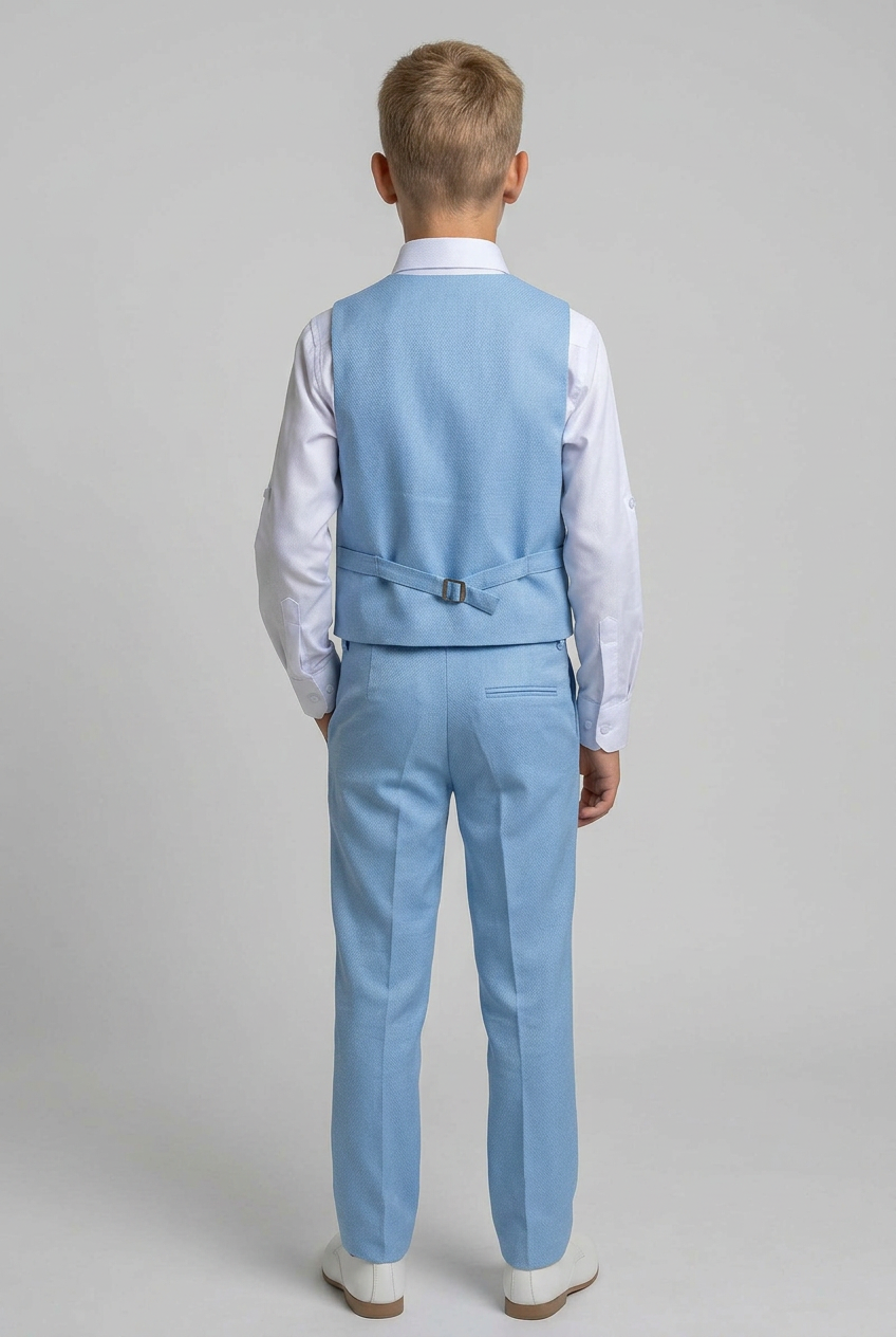 Boys' Slim Fit Textured Waistcoat Suit Set, Formal Outfit - Baby Blue