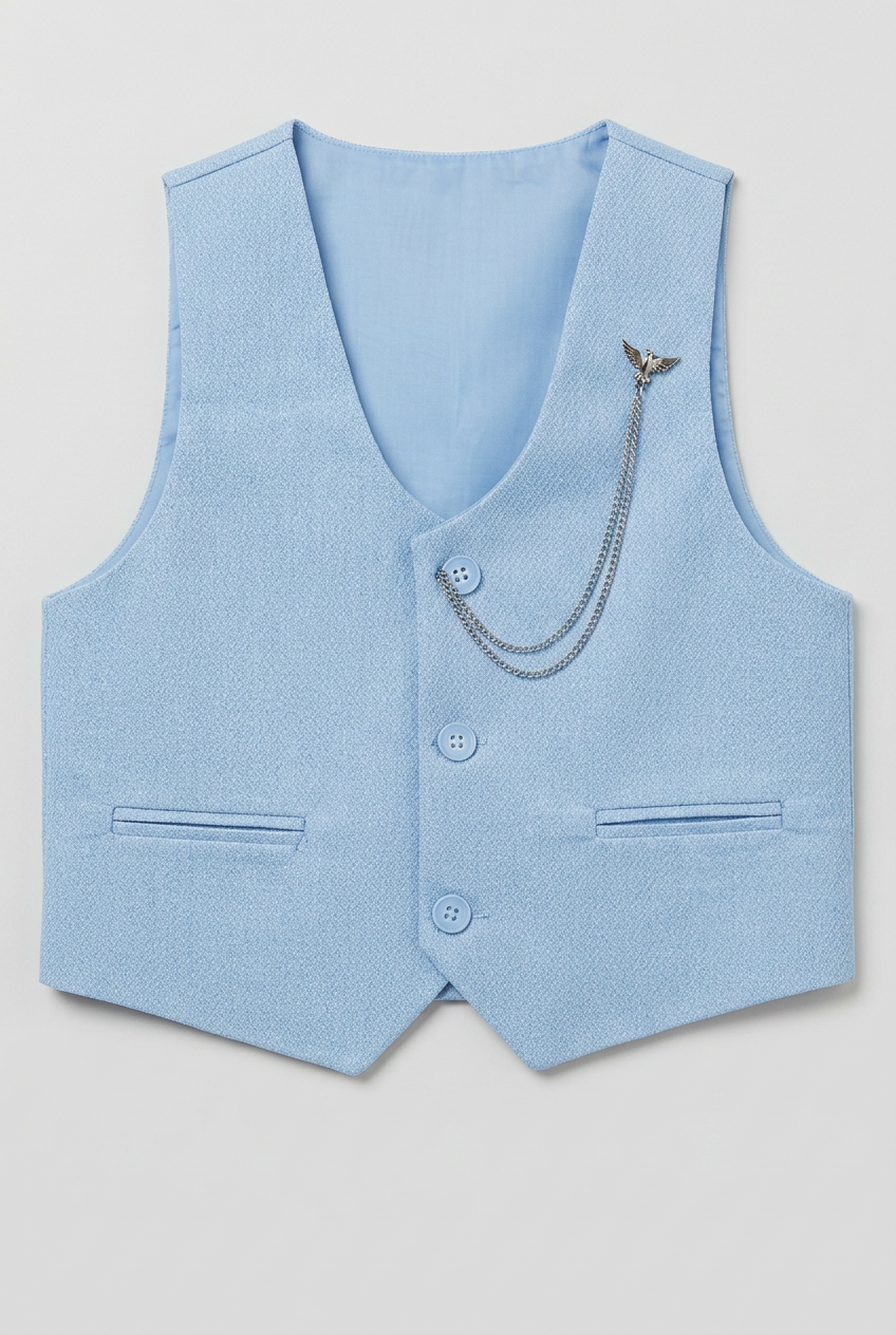 Boys' Slim Fit Textured Waistcoat Suit Set, Formal Outfit - Baby Blue