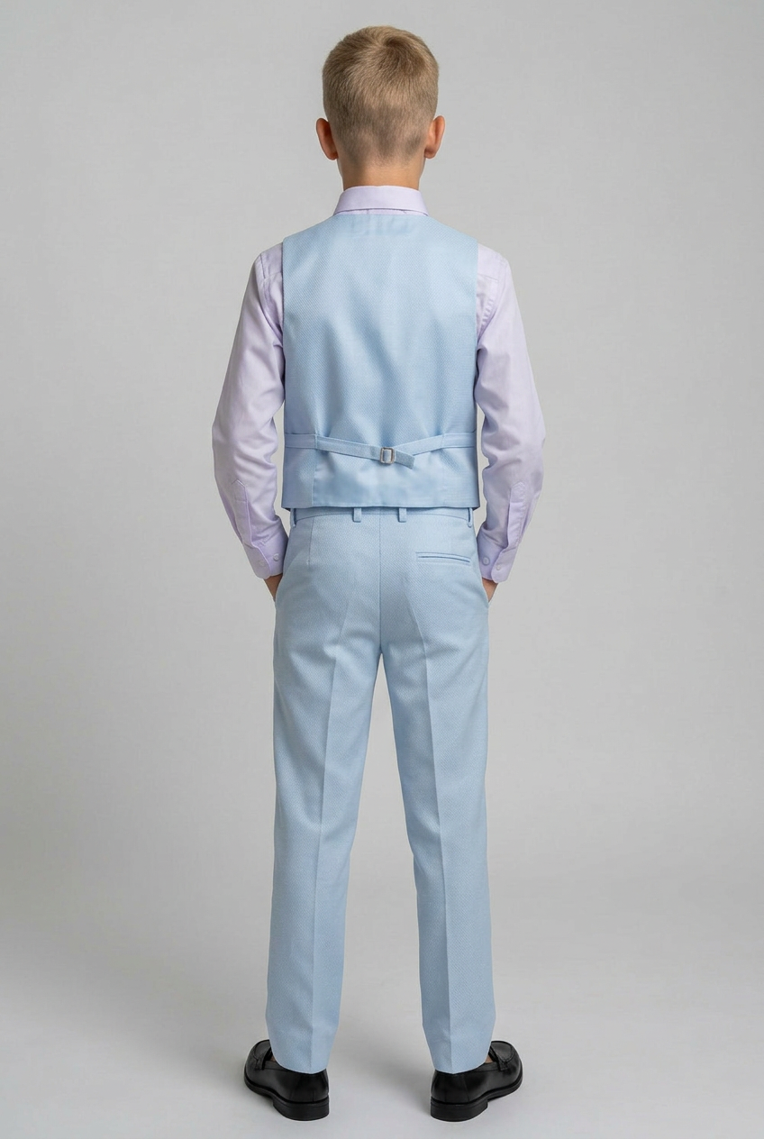 Boys' Slim Fit Textured Waistcoat Suit Set, Formal Outfit - Light Blue