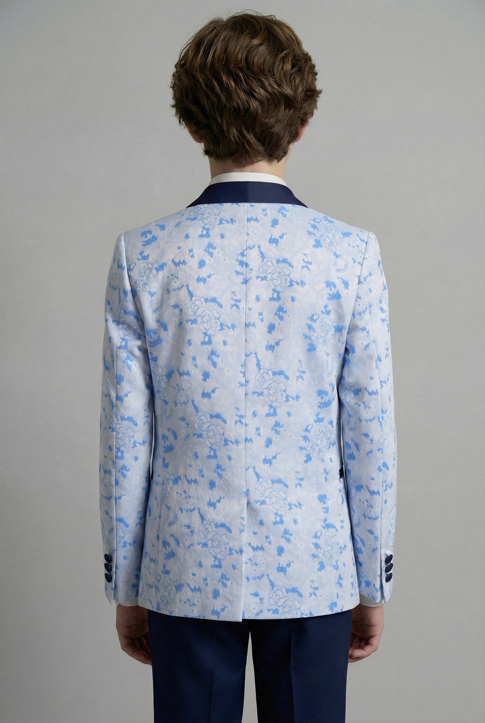 Boys Slim Fit Floral Blue Tuxedo Suit Set - Blue