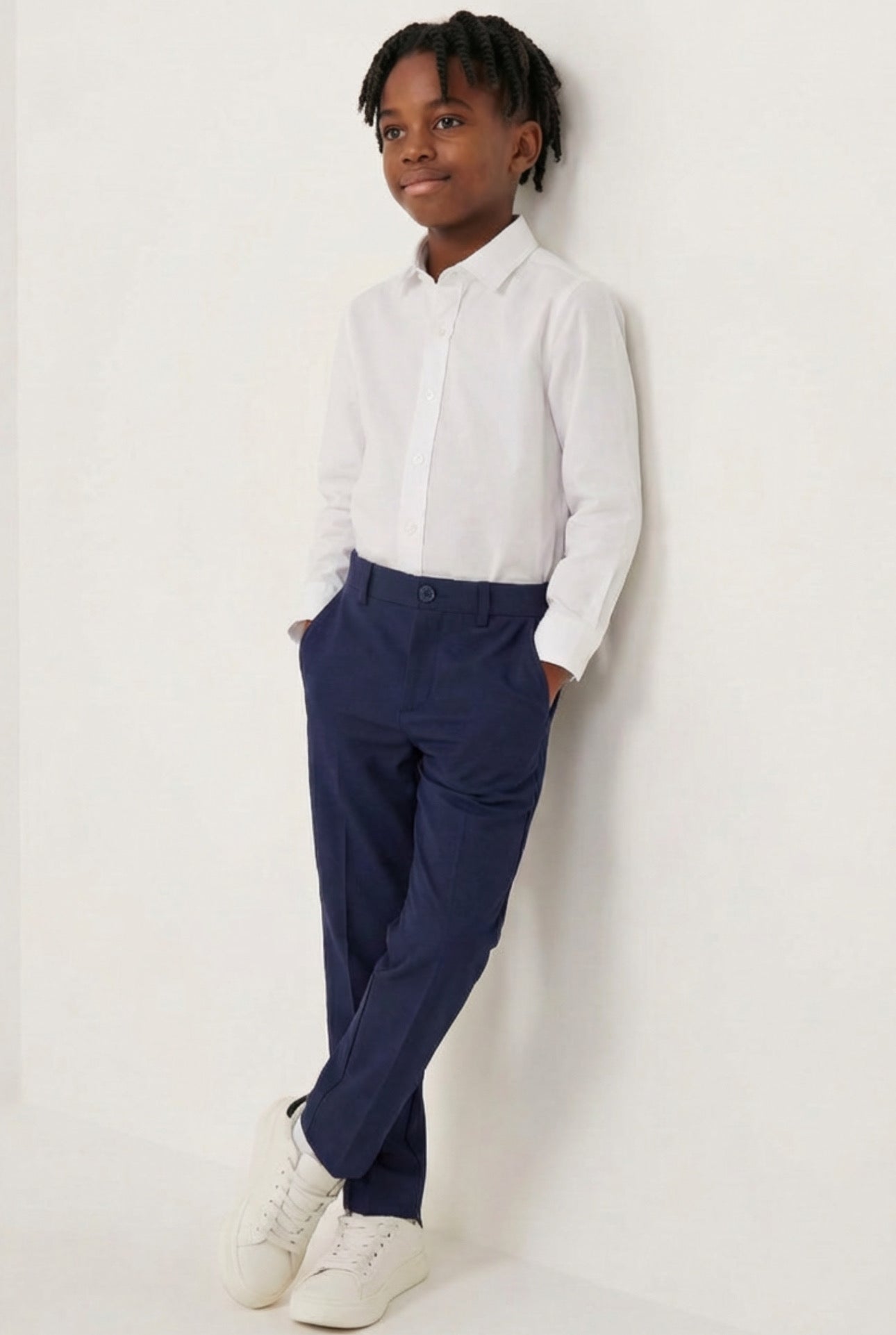 Boys Slim Fit Formal Trousers with Adjustable Waist - Navy