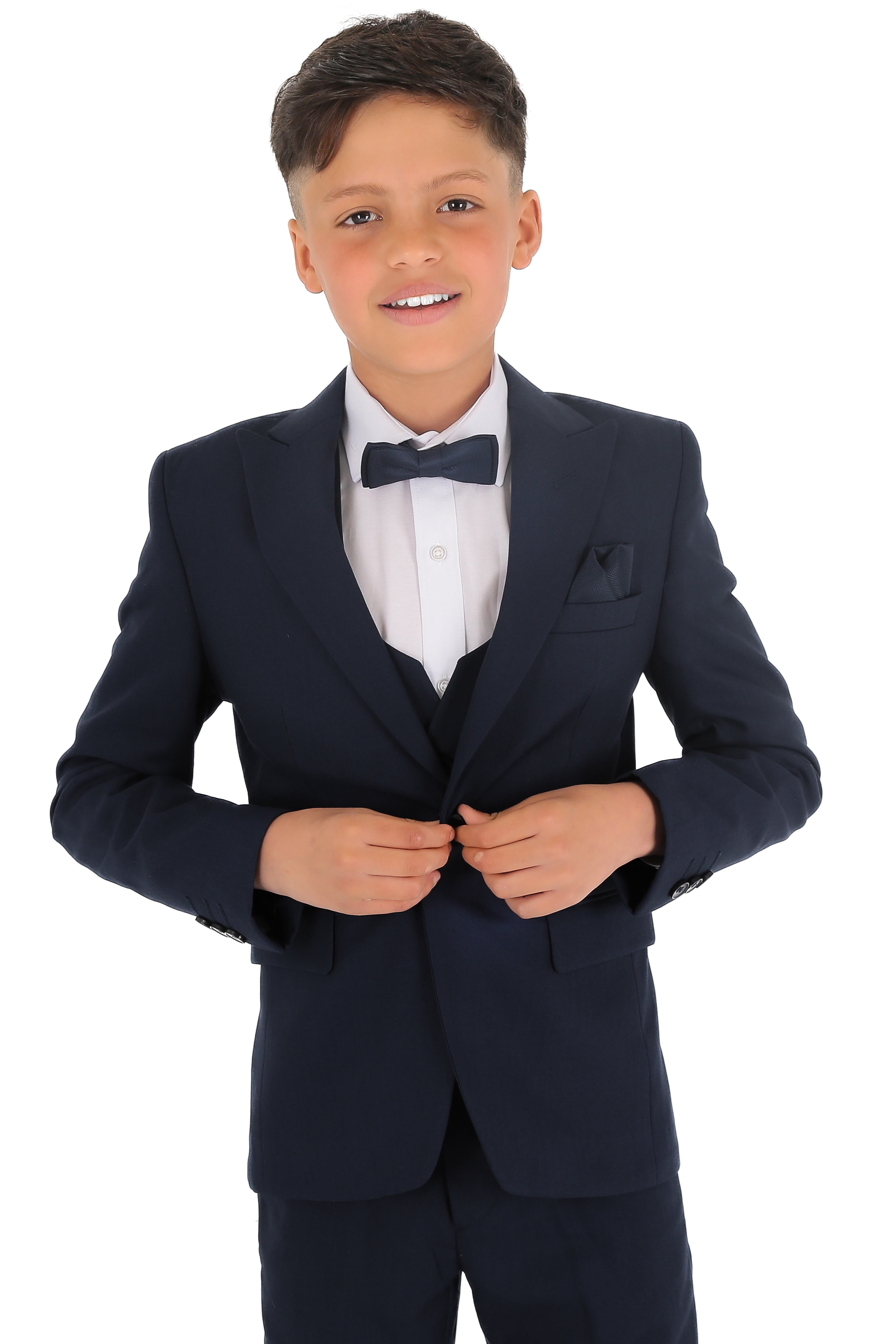 Boys Slim Fit Herringbone 8 Piece Suit Set - KING Navy Blue