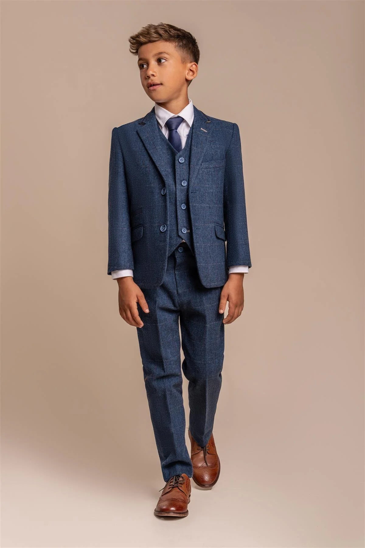 Boys Slim Fit Herringbone Tweed Blue Suit - CARNEGI - Navy Blue Model Front Picture