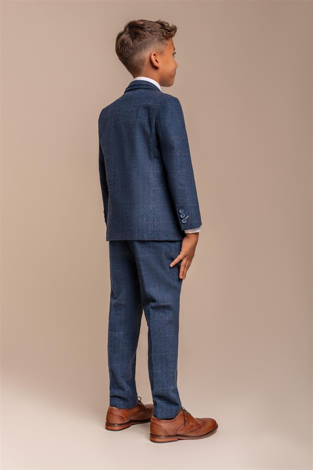 Boys Slim Fit Herringbone Tweed Blue Suit - CARNEGI - Navy Blue Back Picture