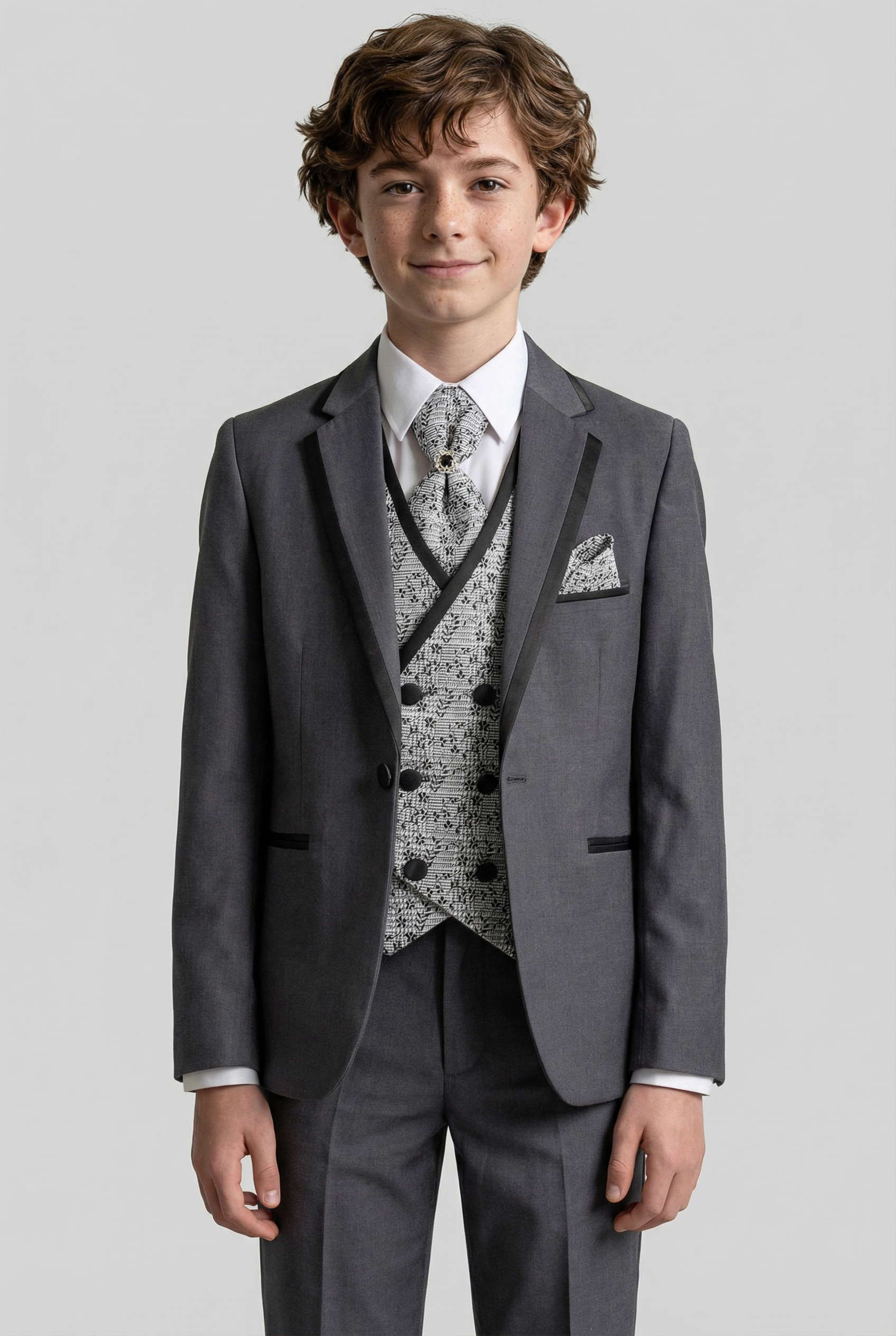 Boys Slim Fit Piping Grey Suit with Floral Waisctoat Set - Grey