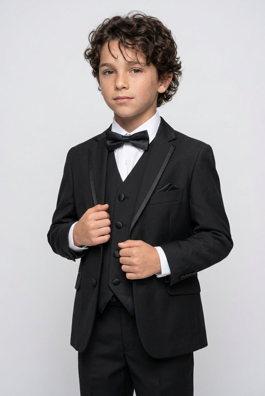 Boys Slim Fit Piping Tuxedo Dinner Suit - Black
