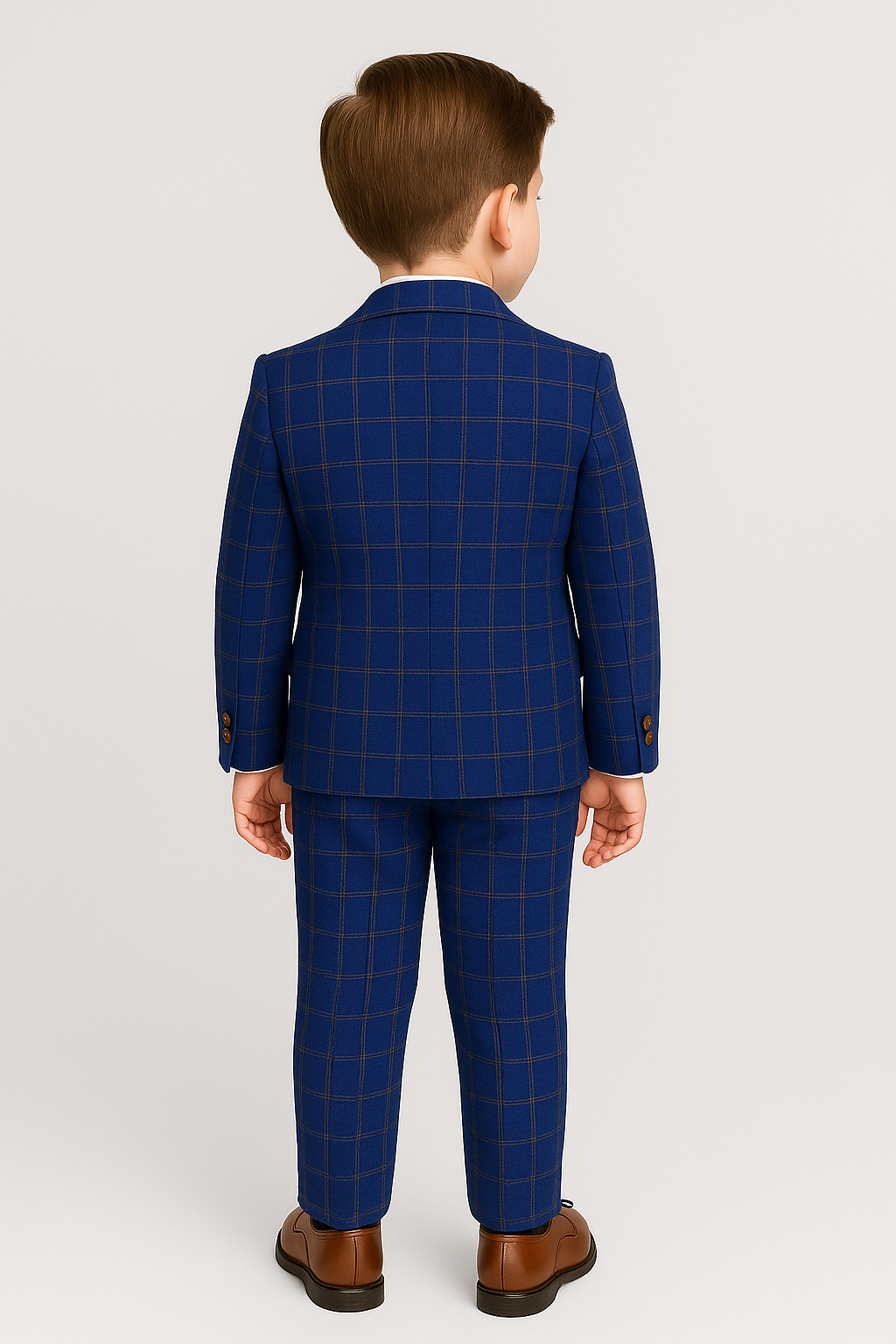 Boys Slim Fit Royal Blue Retro Check Suit - Royal Blue- Brown Back Pucture