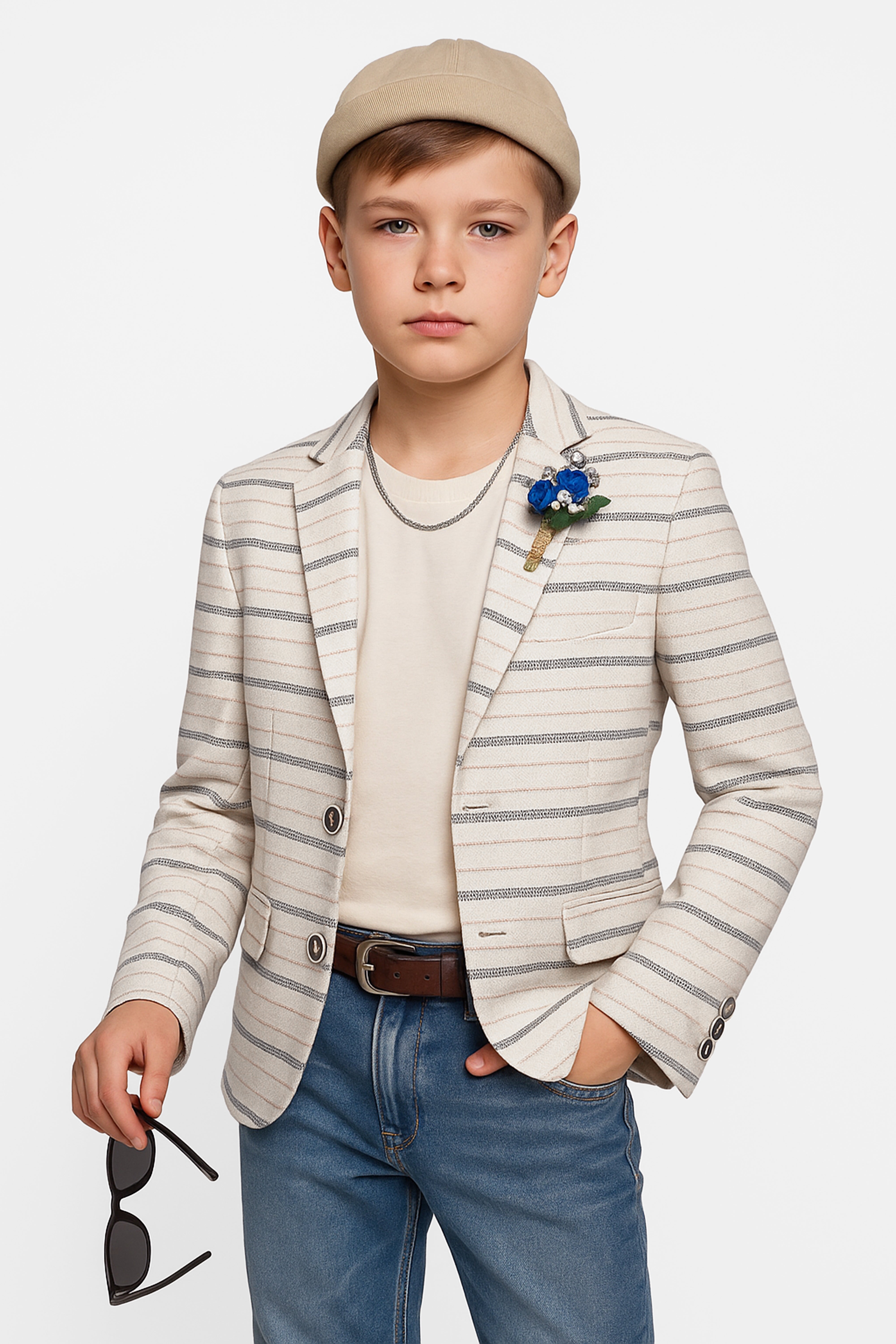 Boys Slim Fit Striped Blazer - Beige - Green Front Picture