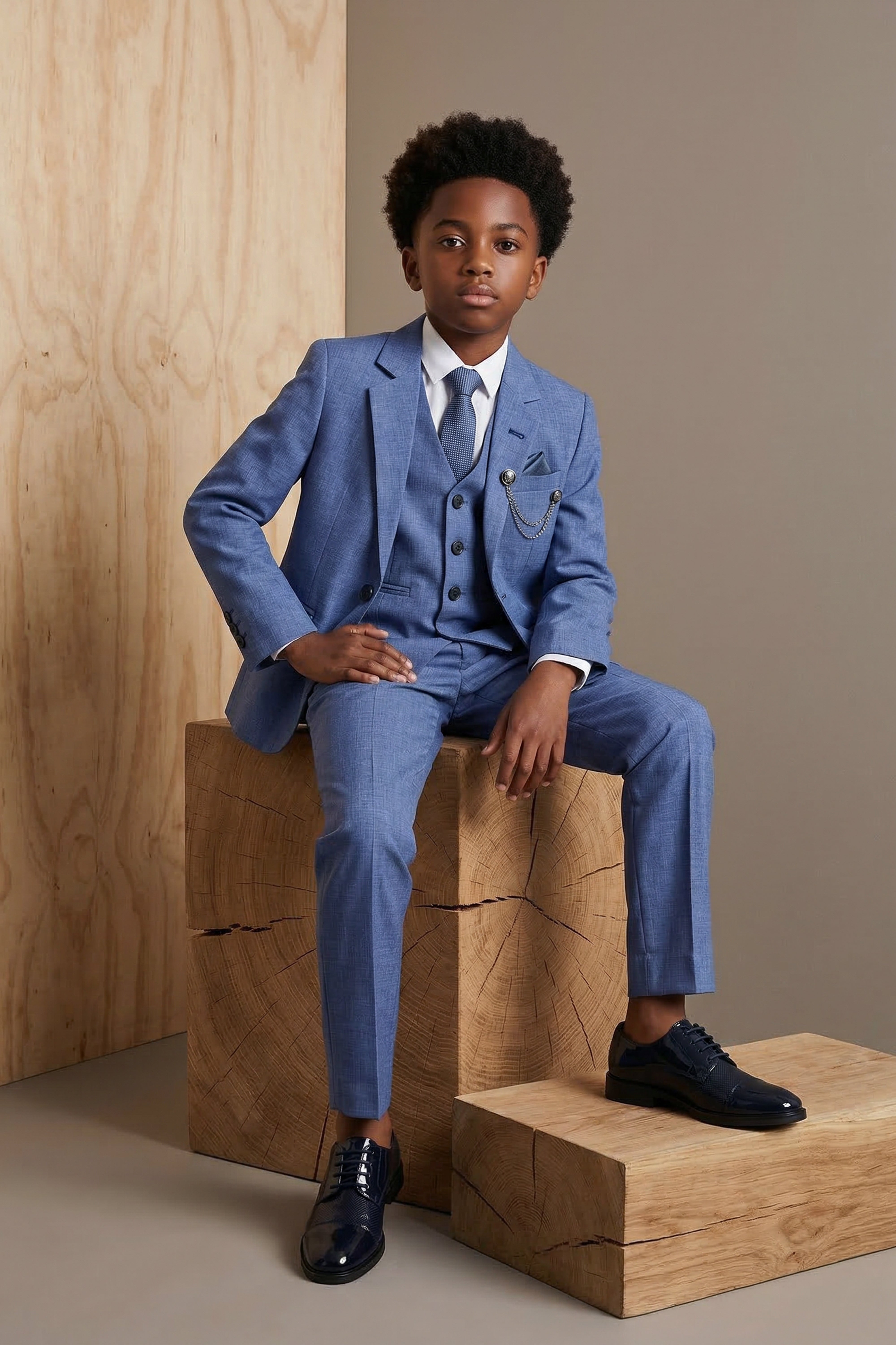 Boys Slim Fit Textured 8-Piece Formal Suit Set - Sky Blue