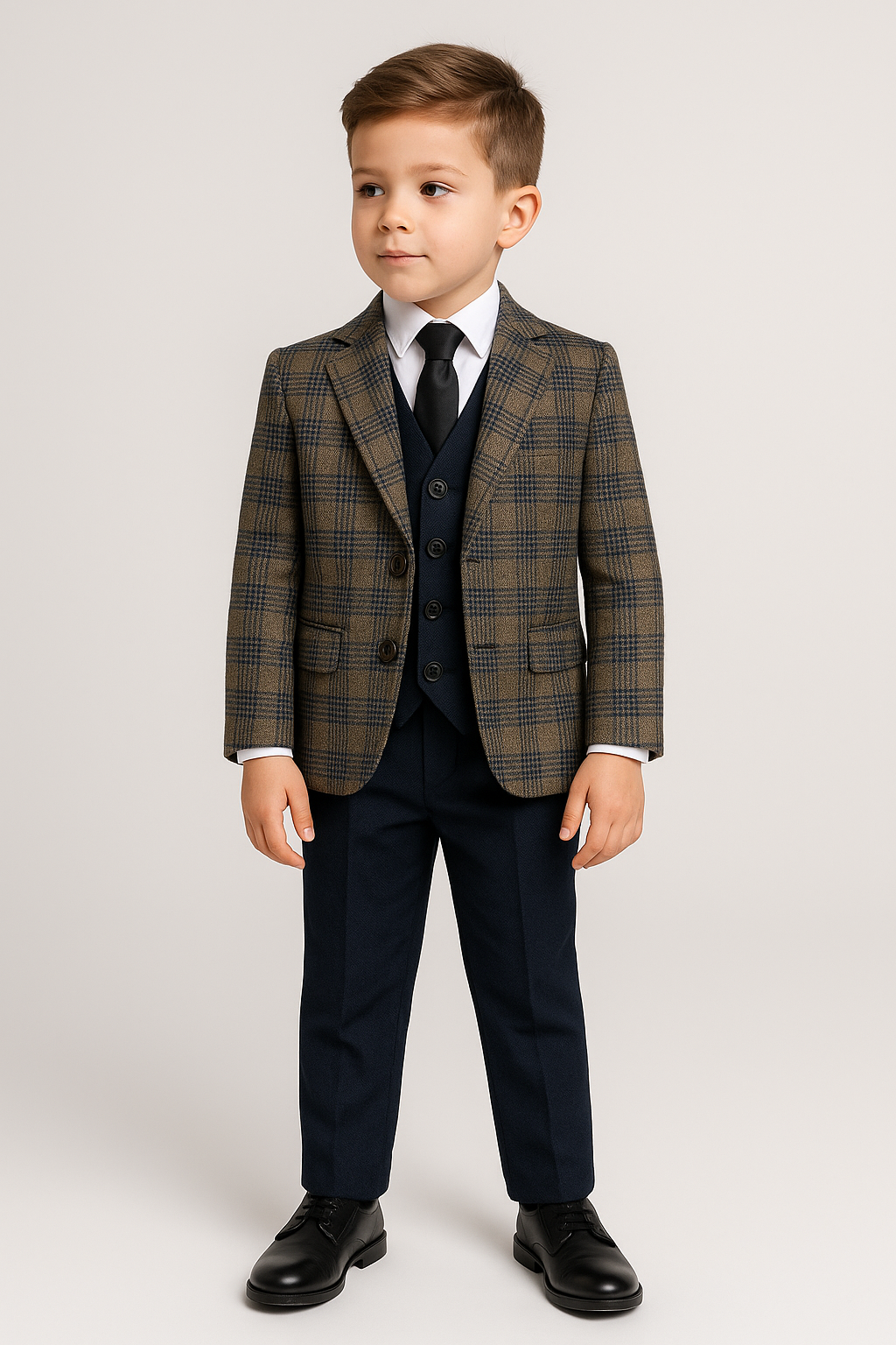 Boys Slim Fit Woven Effect Plaid Check Suit - Navy Blue