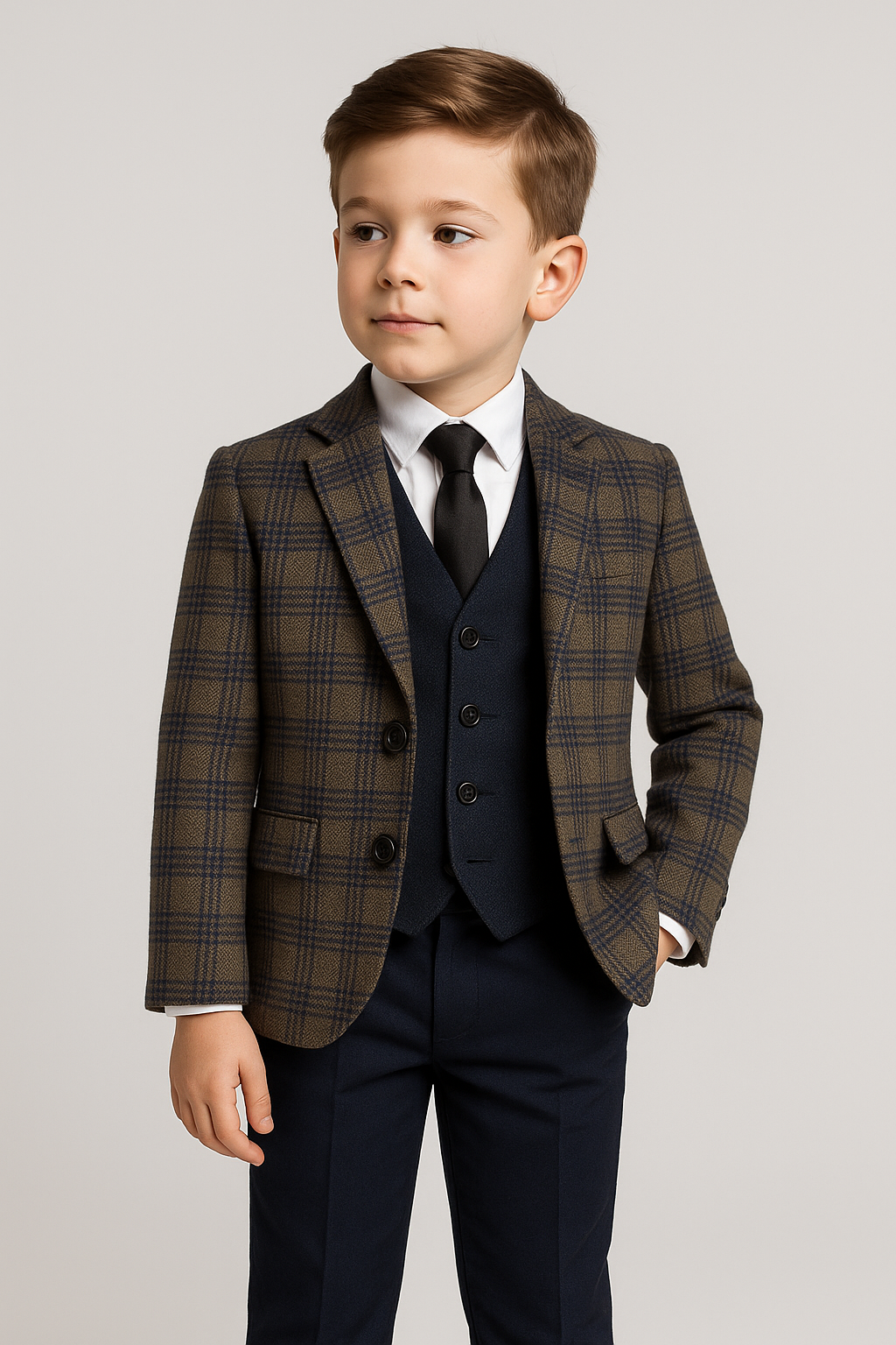 Boys Slim Fit Woven Effect Plaid Check Suit - Navy Blue