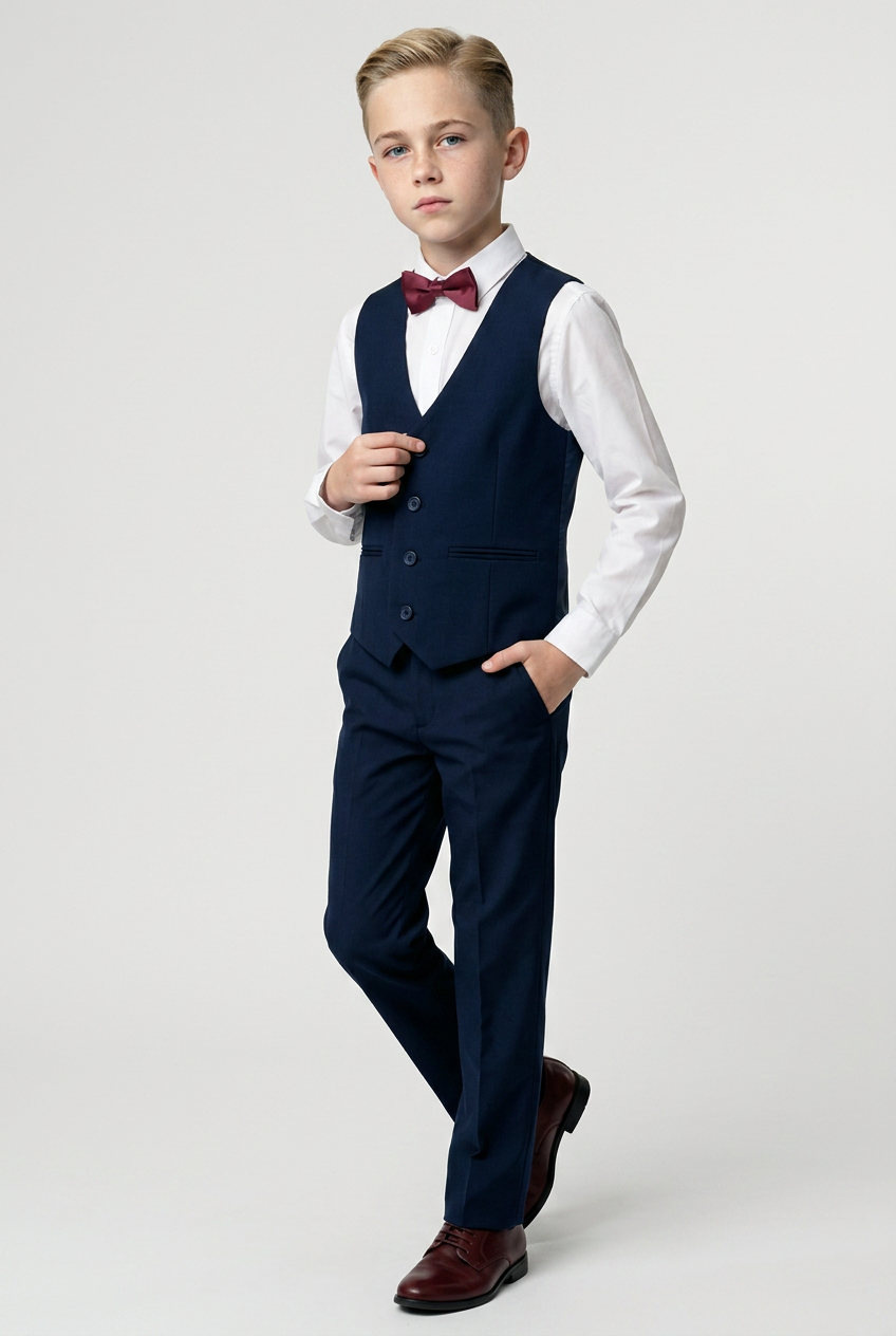 Boys Summer Waistcoat Suit 4 PC Set - Navy Blue