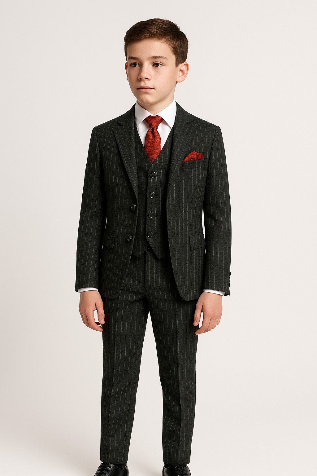 Boys Tailored Fit Pinstripe Dark Grey Suit Set - Dark Grey Model Picture
