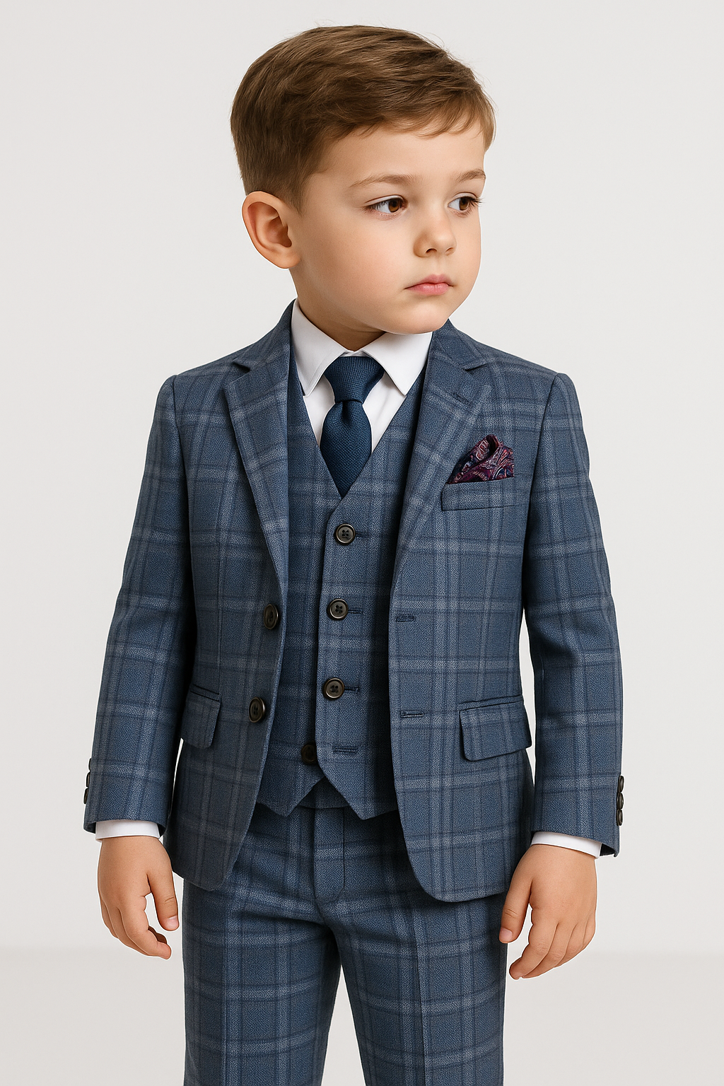 Boys Tailored Fit Plaid Check Blue Suit Set - JOSEPH - Denim Blue
