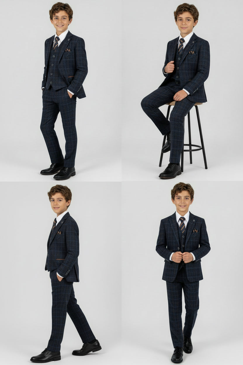 Boys Tailored Fit Retro Check Suit - ANTHONY NAVY