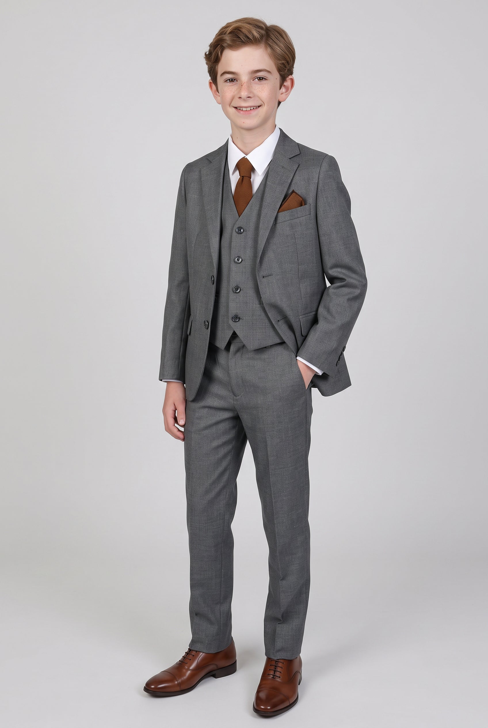 Boys Tailored Fit Suit Formal Wedding 6 Pieces Set in Grey