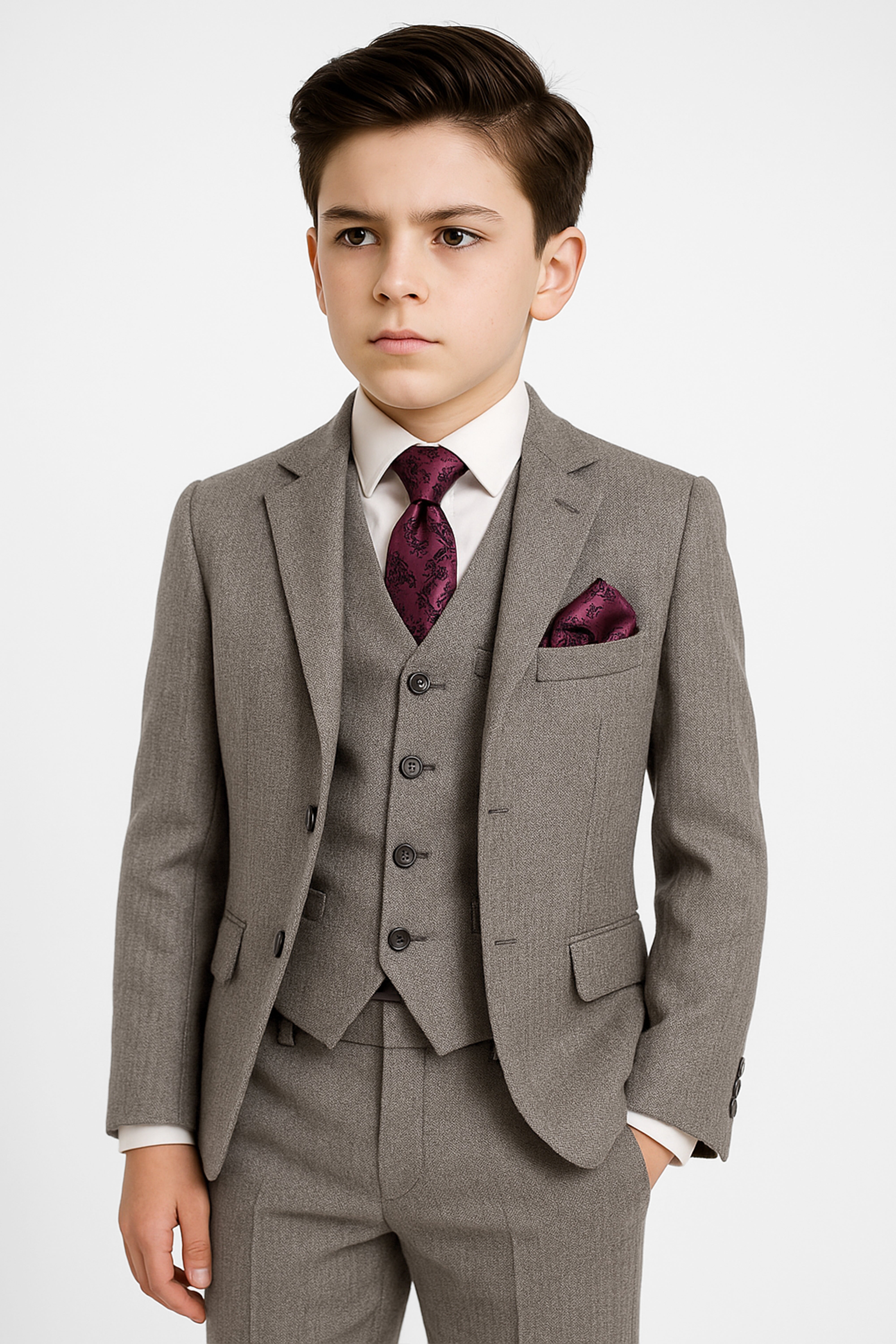 Boys Tailored Fit Textured Suit - ADRIAN - Dark Beige