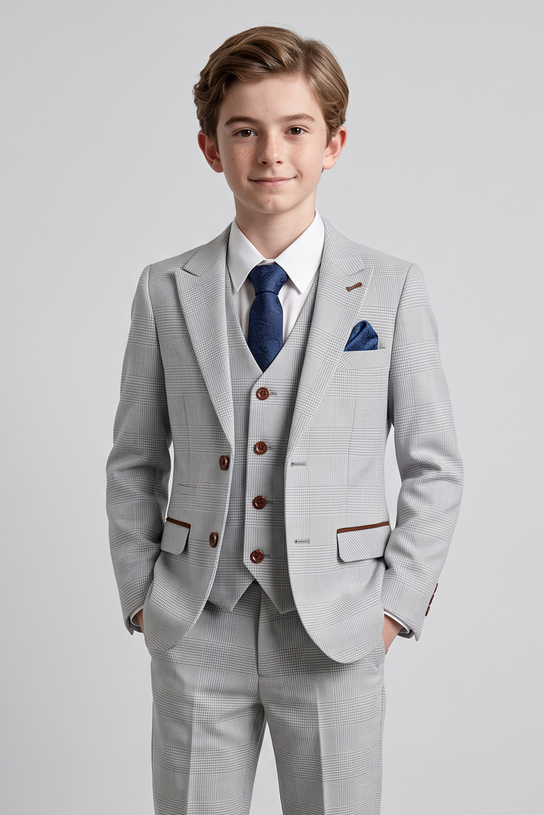 Boys Tailored Fit Tweed Check Suit - MARK - Stone Beige