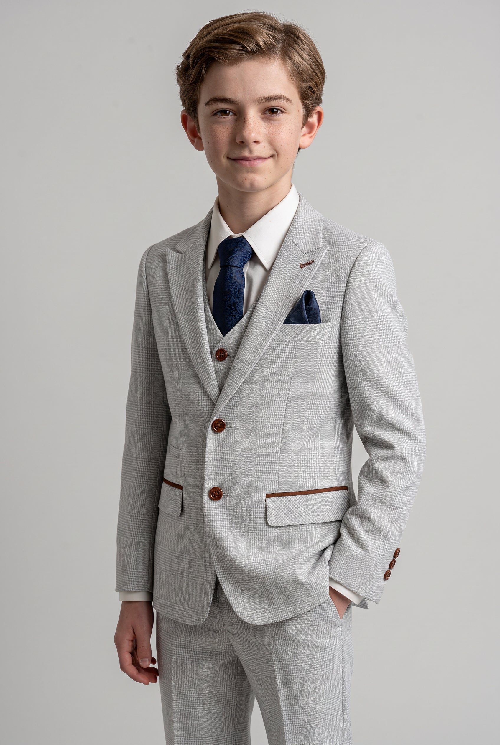 Boys Tailored Fit Tweed Check Suit - MARK - Stone Beige