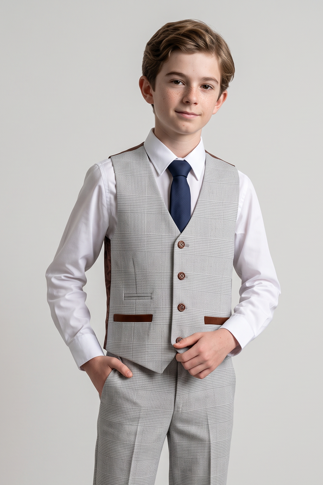 Boys Tailored Fit Tweed Check Suit - MARK - Stone Beige