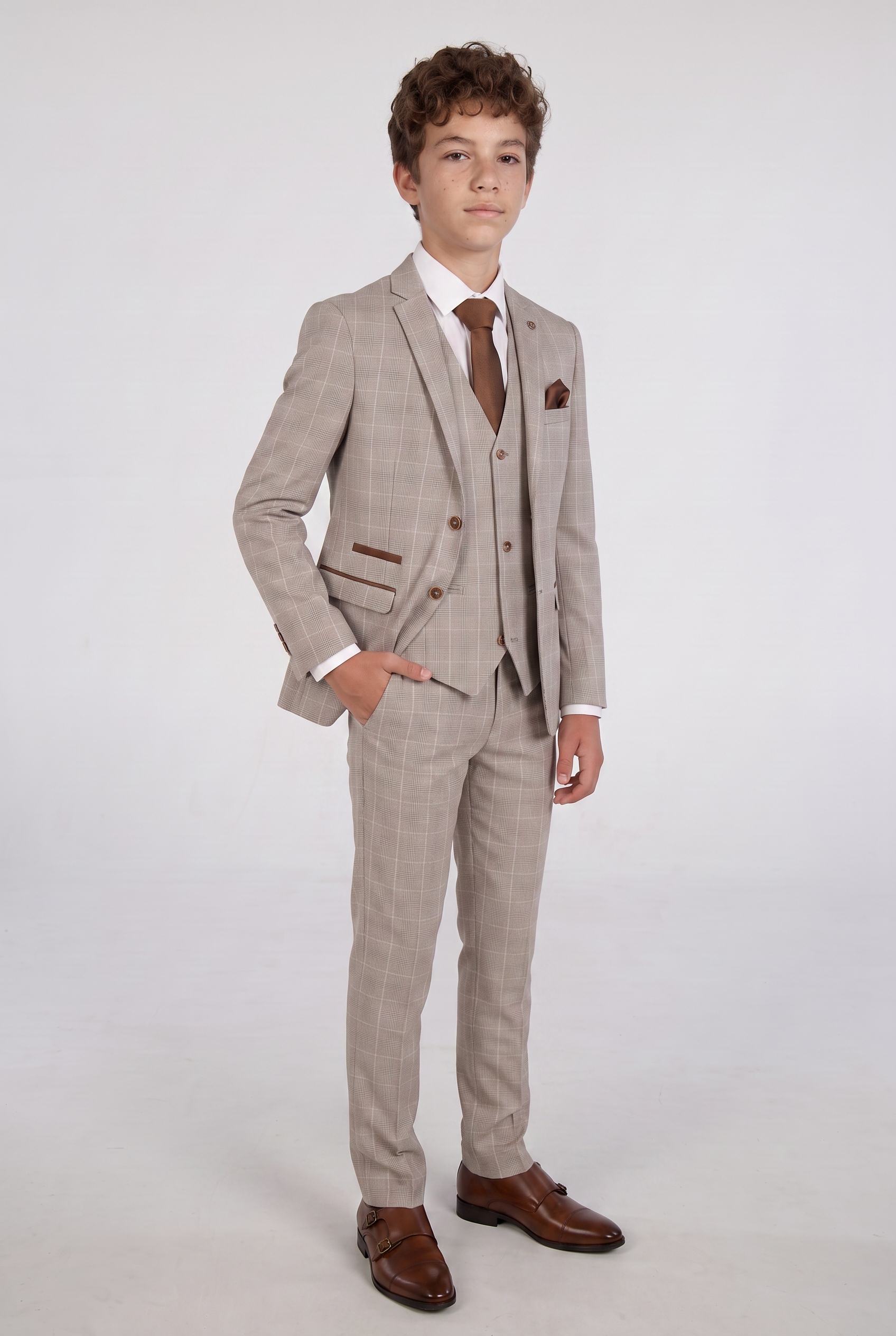 Boys’ Tailored Fit Tweed Check Suit – LEO - Beige
