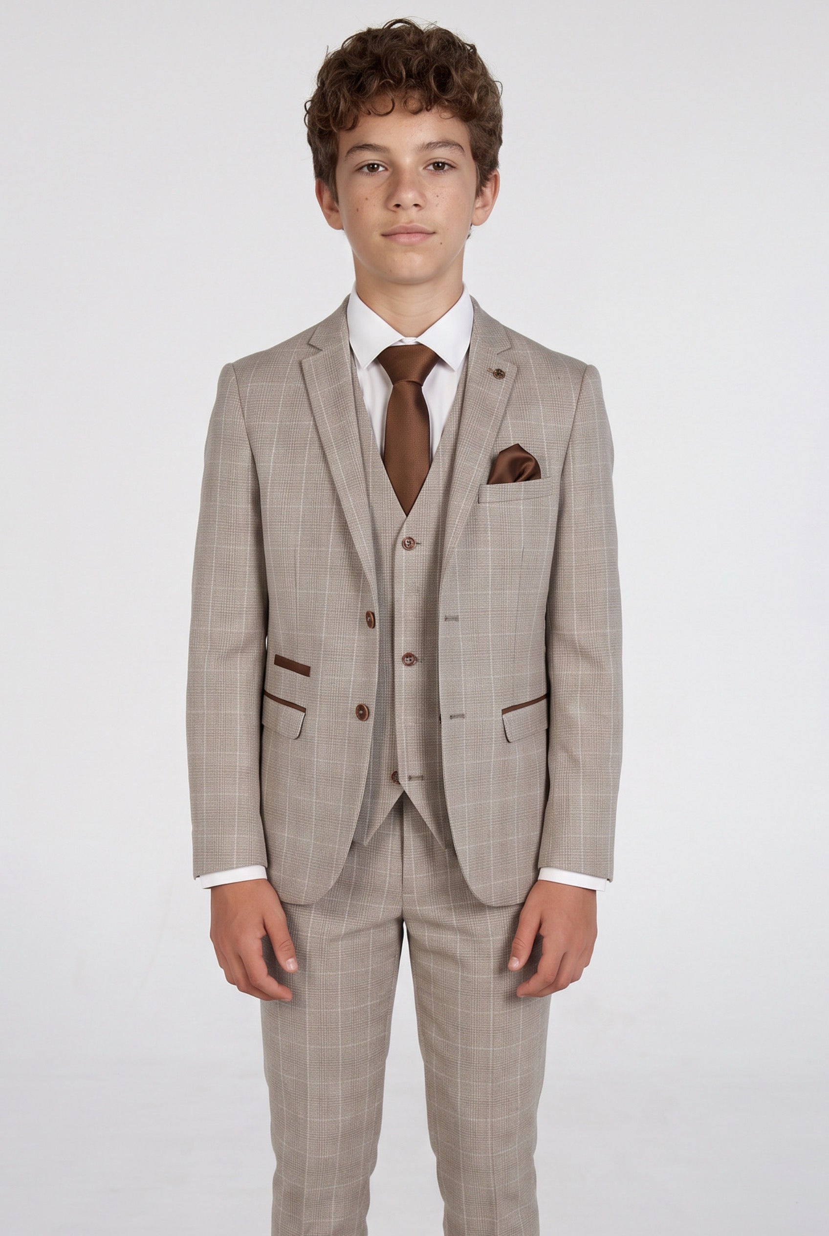 Boys’ Tailored Fit Tweed Check Suit – LEO - Beige