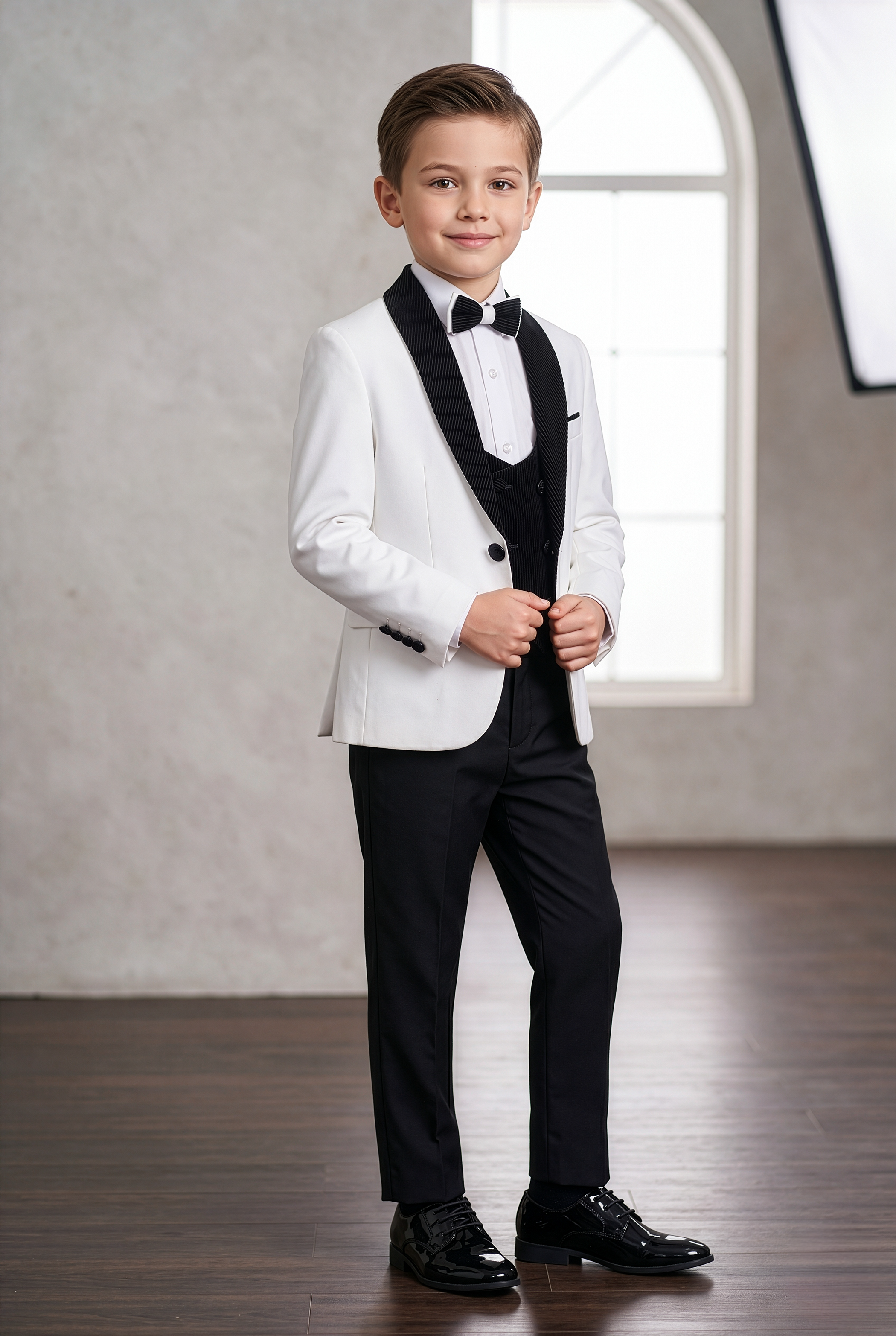 Boys Tuxedo Suit - Corduroy Velvet Waistcoat & shawl lapel - White- Black