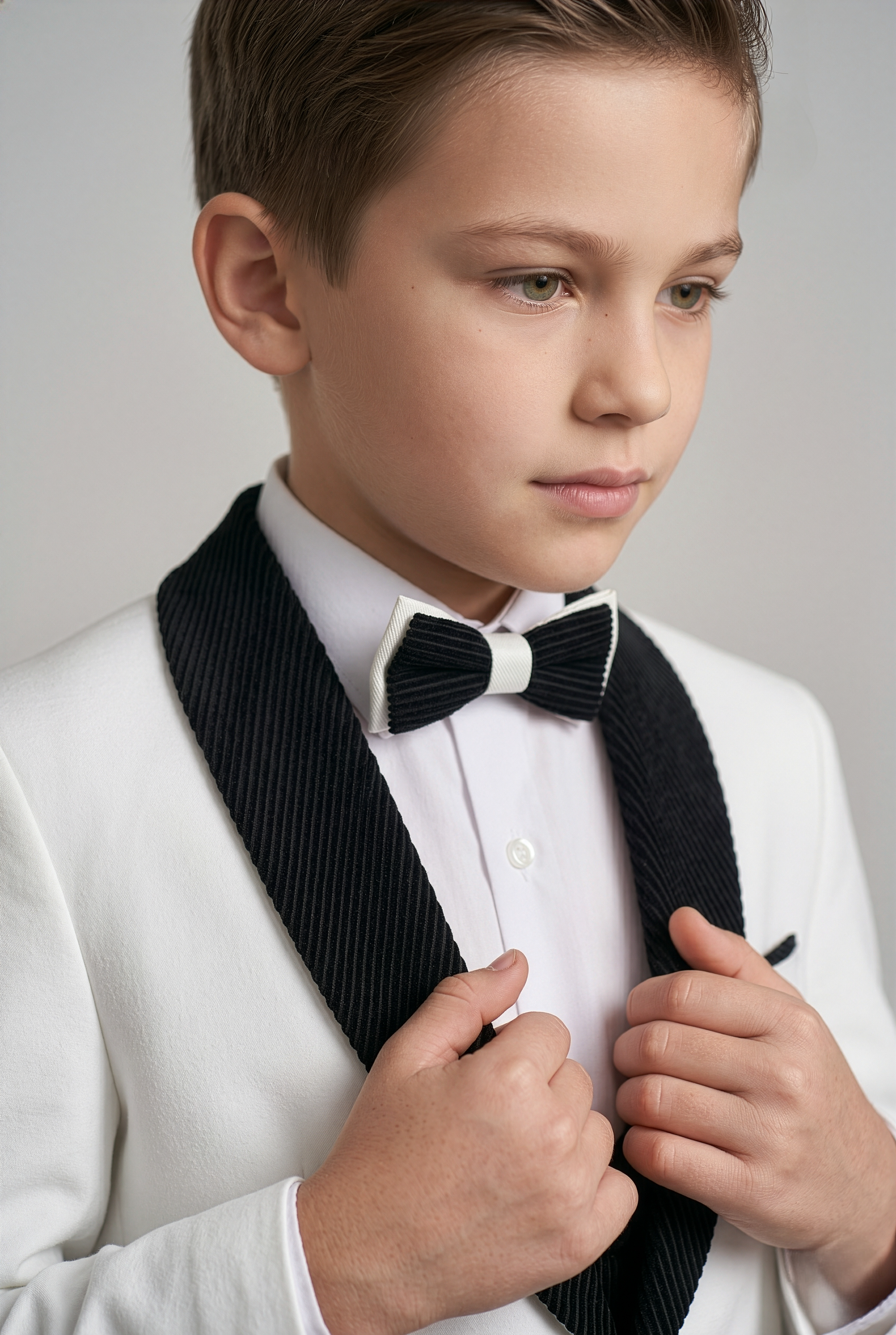 Boys Tuxedo Suit - Corduroy Velvet Waistcoat & shawl lapel - White- Black