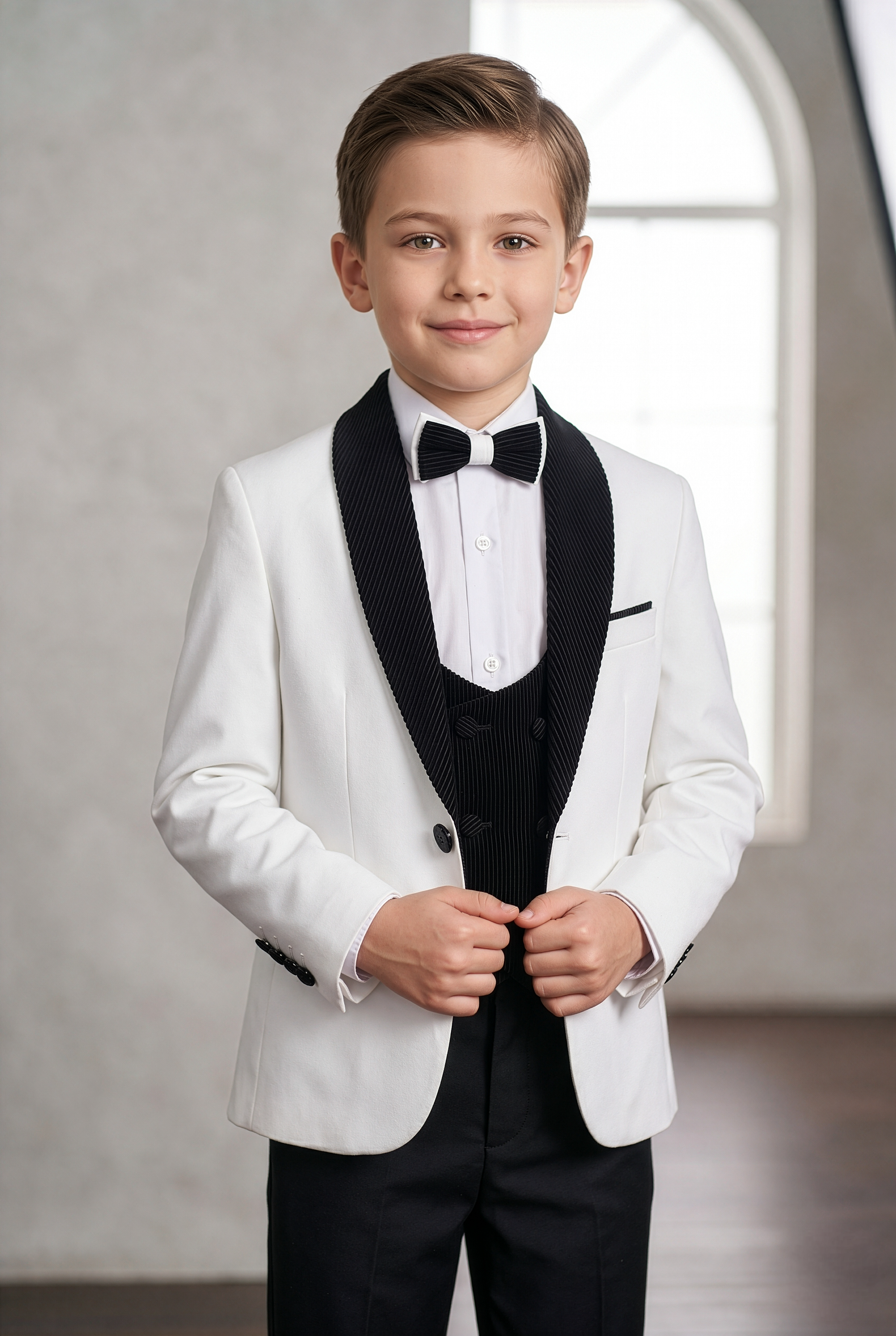 Boys Tuxedo Suit - Corduroy Velvet Waistcoat & shawl lapel - White- Black