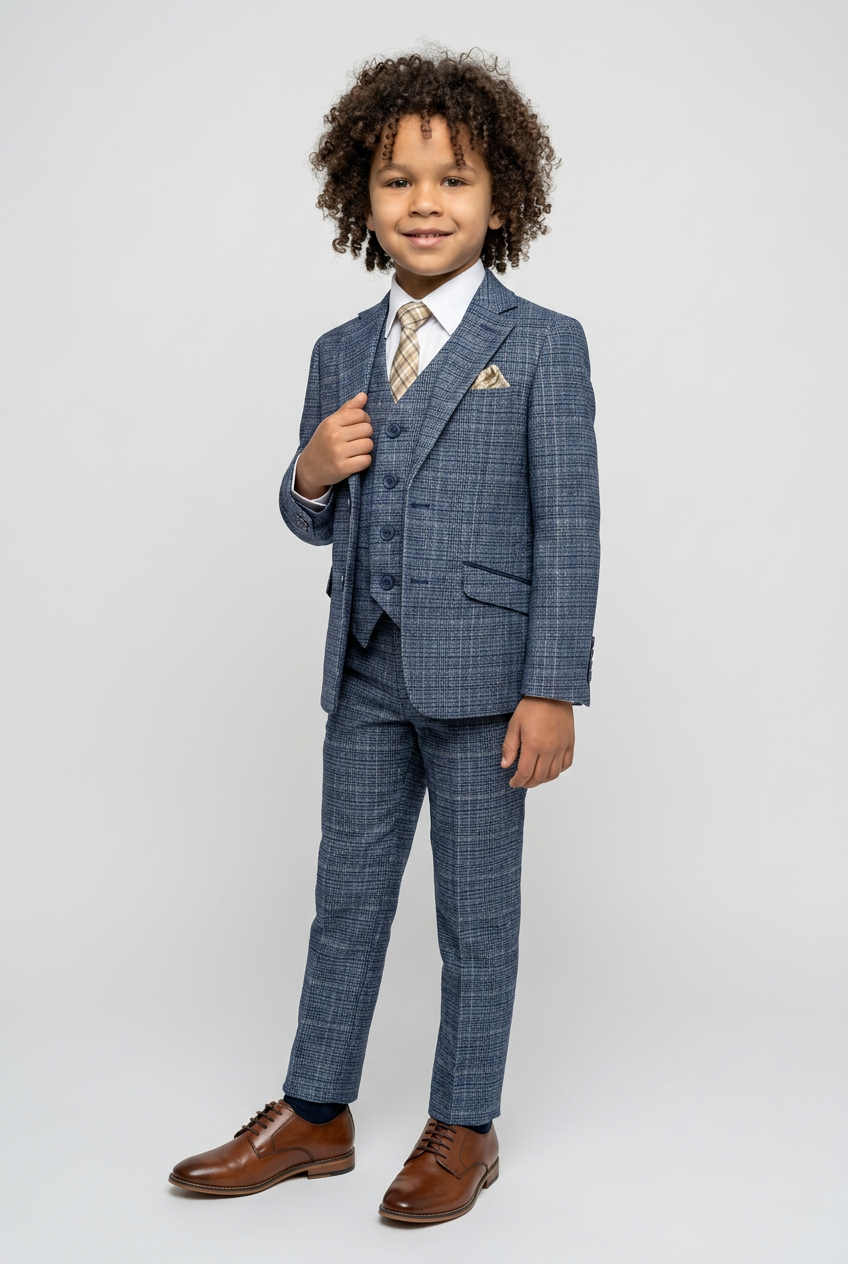 Boys Tweed Check Sky Blue Suit Set - Sky Blue