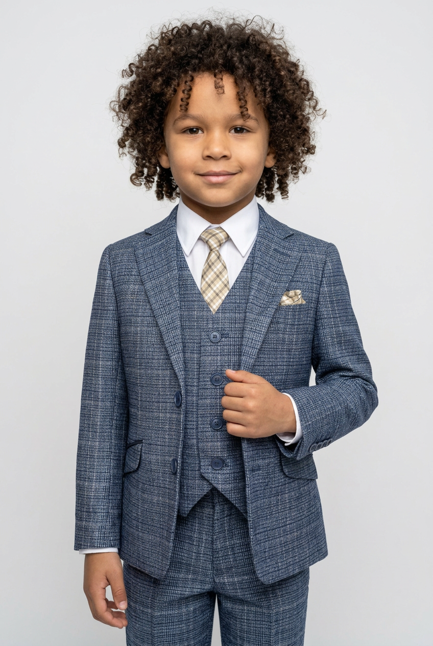 Boys Tweed Check Sky Blue Suit Set - Sky Blue
