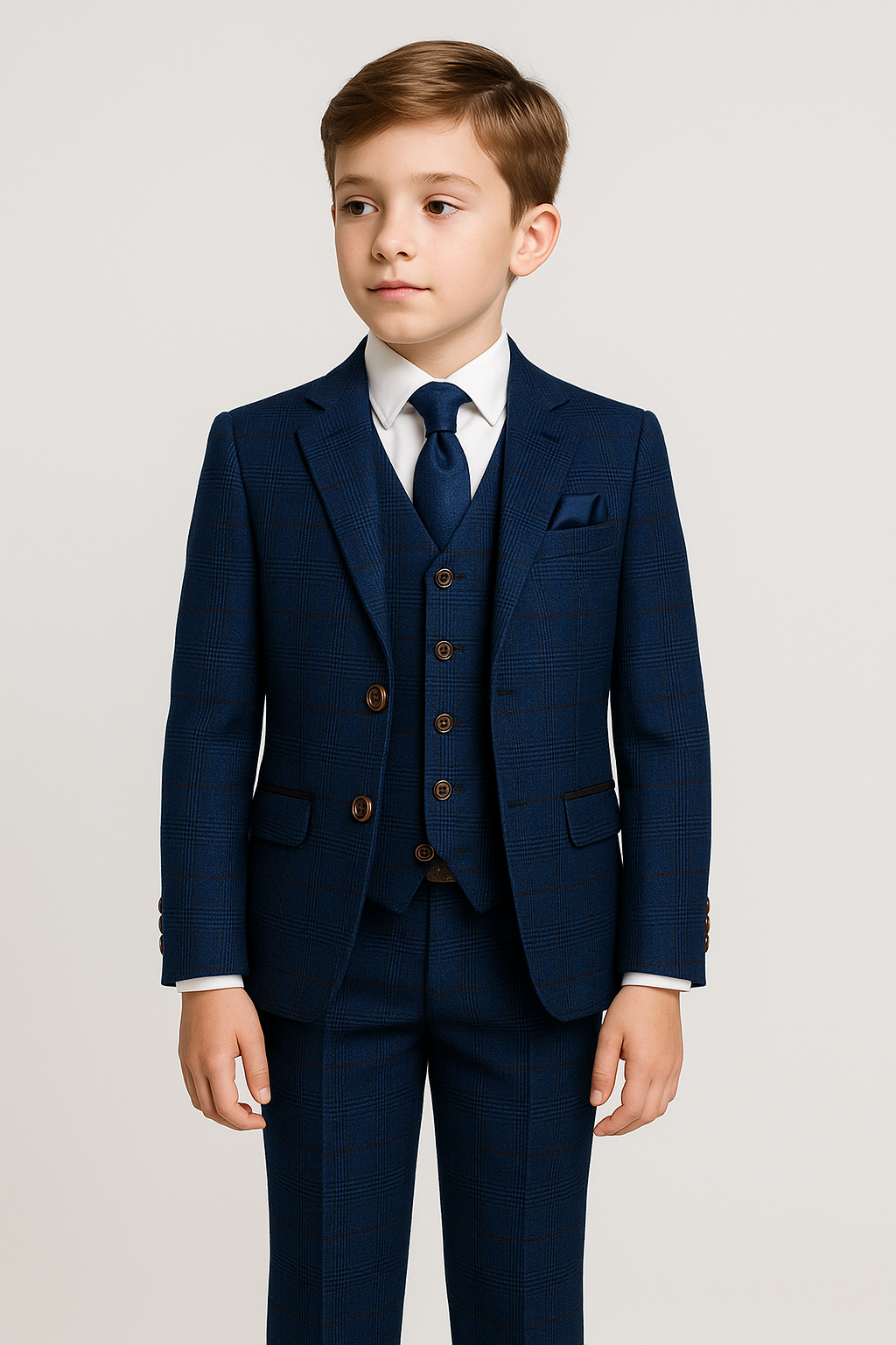 Boys Tweed Check Tailored Fit Navy Suit - ALEX - Royal Blue