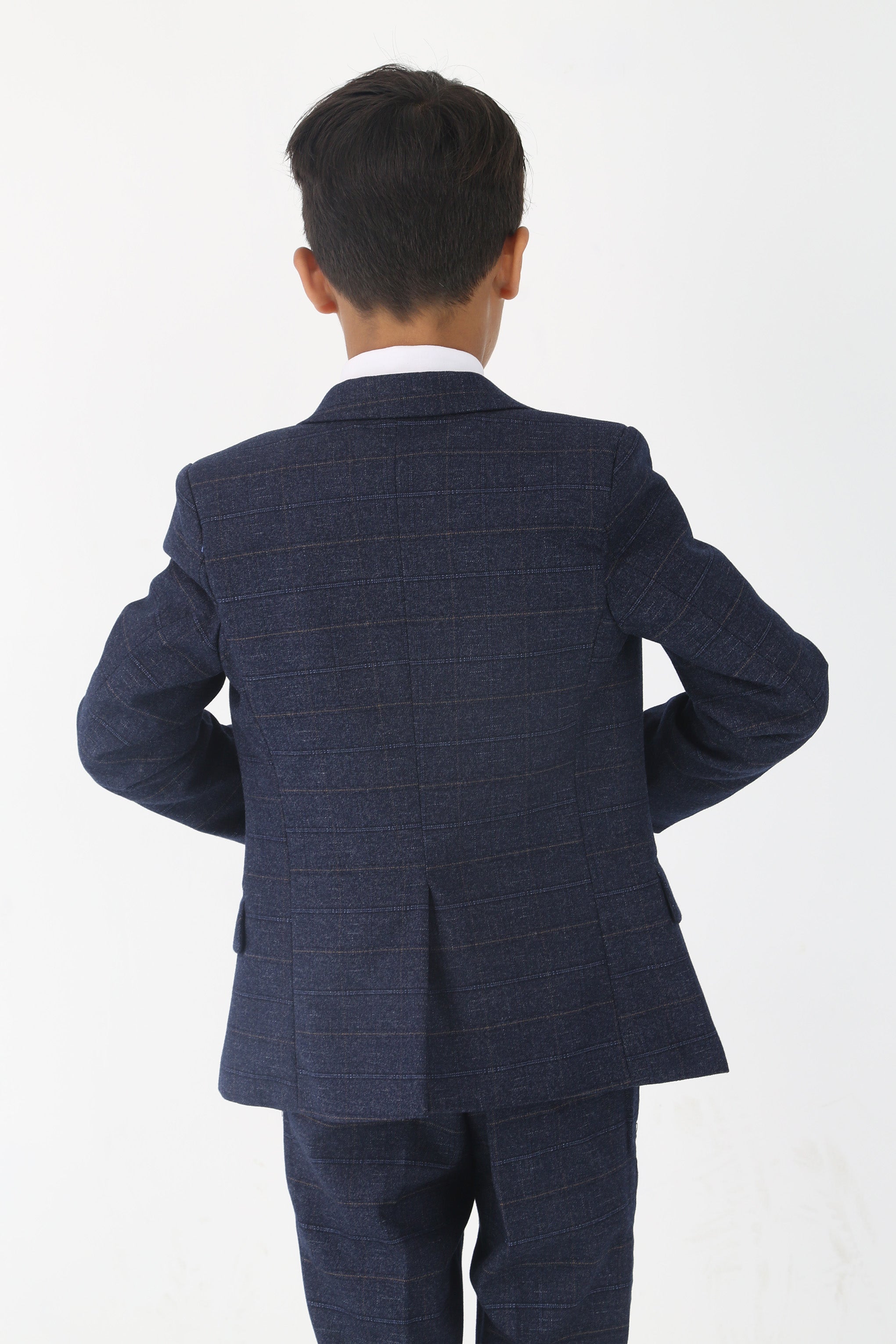 Boys Tweed Like Check Tailored Fit Formal Suit Set - Navy