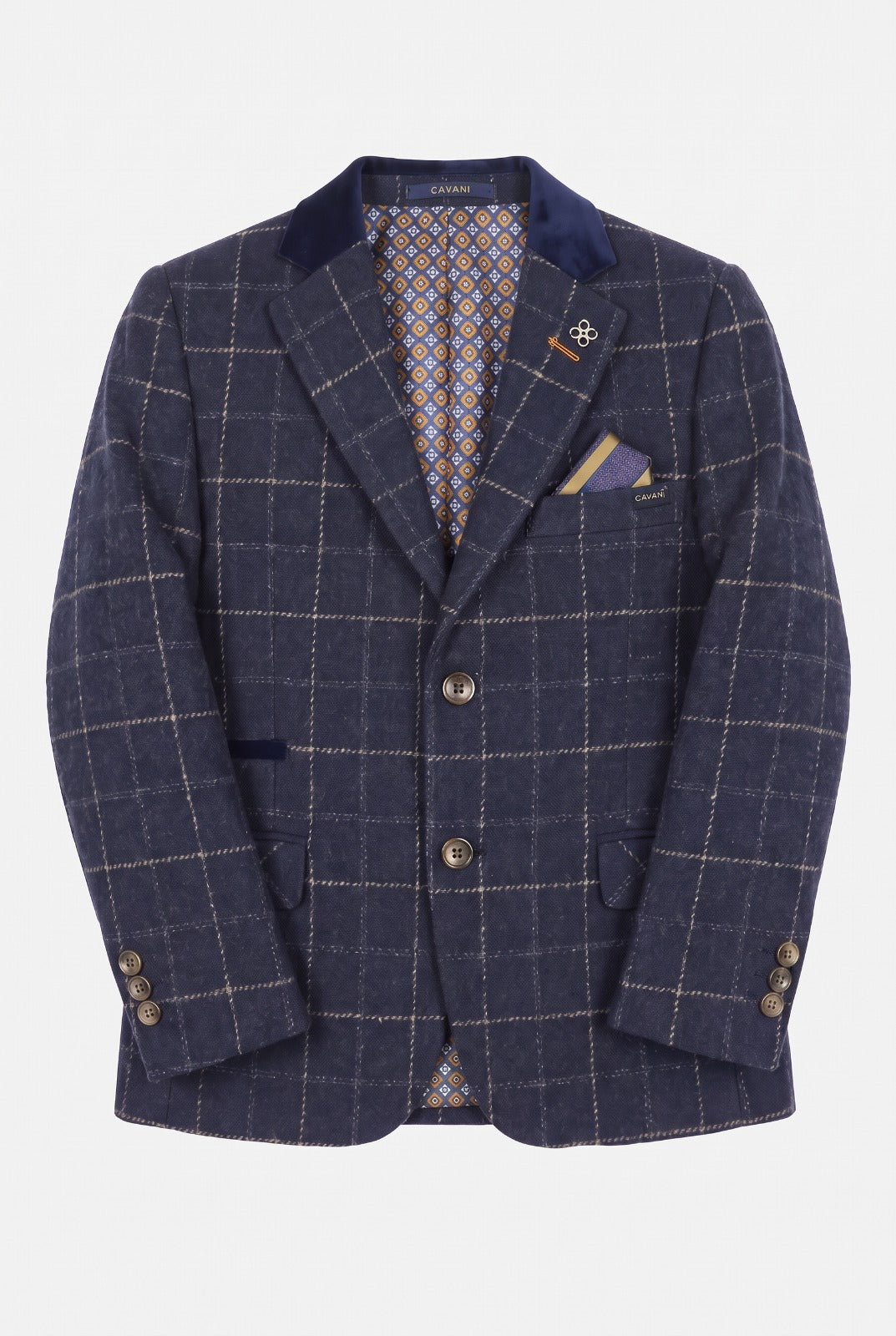 Boys Tweed Windowpane Check Slim Fit Suit - Cavani SHELBY Navy Blue