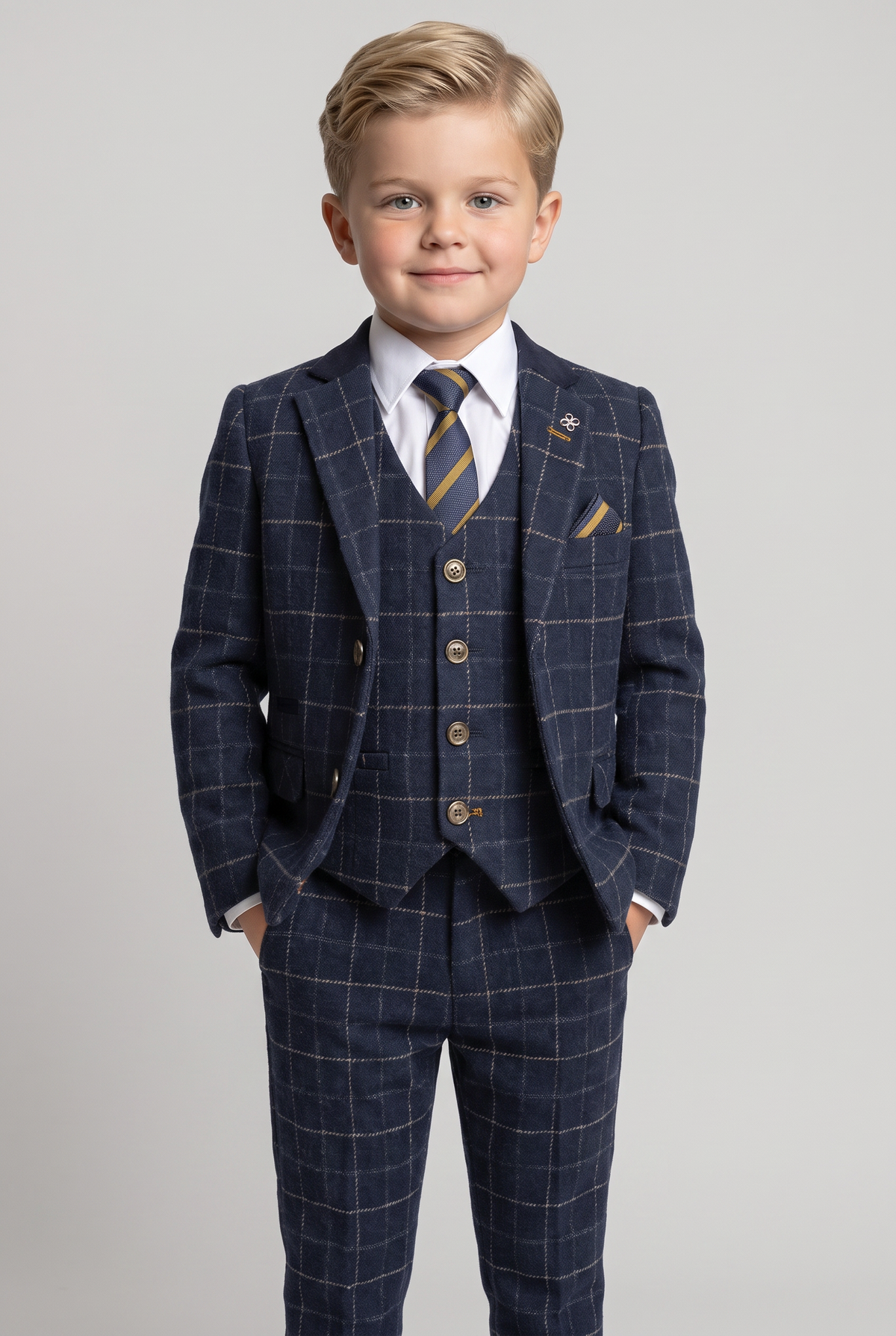 Boys Tweed Windowpane Check Slim Fit Suit - Cavani SHELBY Navy Blue