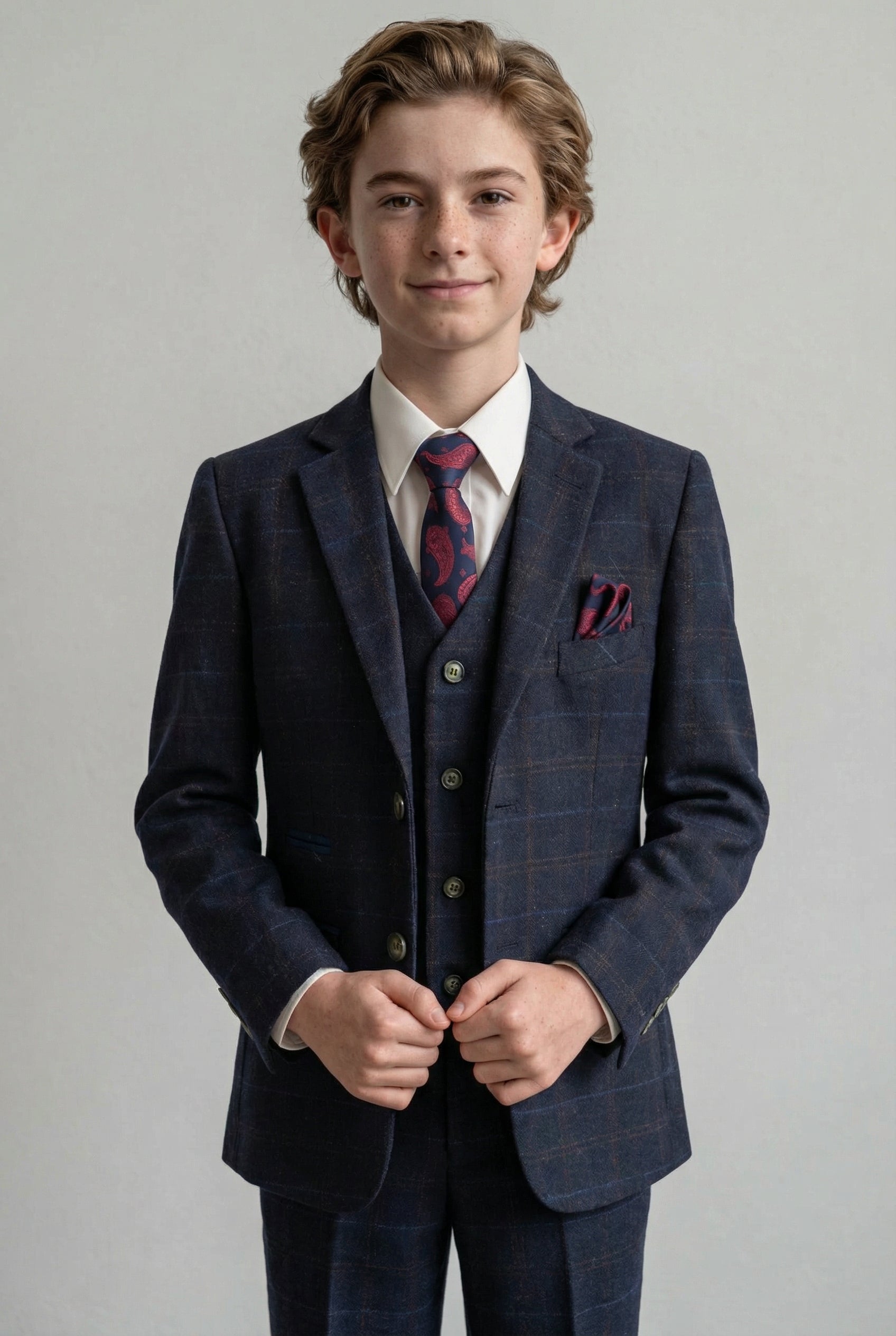 Father & Son Matching Windowpane Check Wool Tweed 3-Piece Suit Set - Ryan Navy