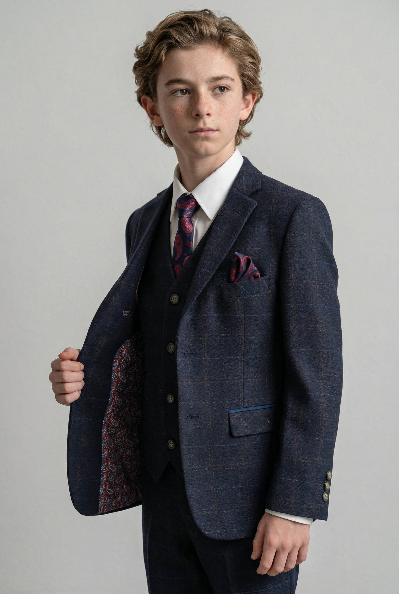 Boys Tweed Windowpane Check Tailored Fit Suit - Ryan Navy - Navy Blue