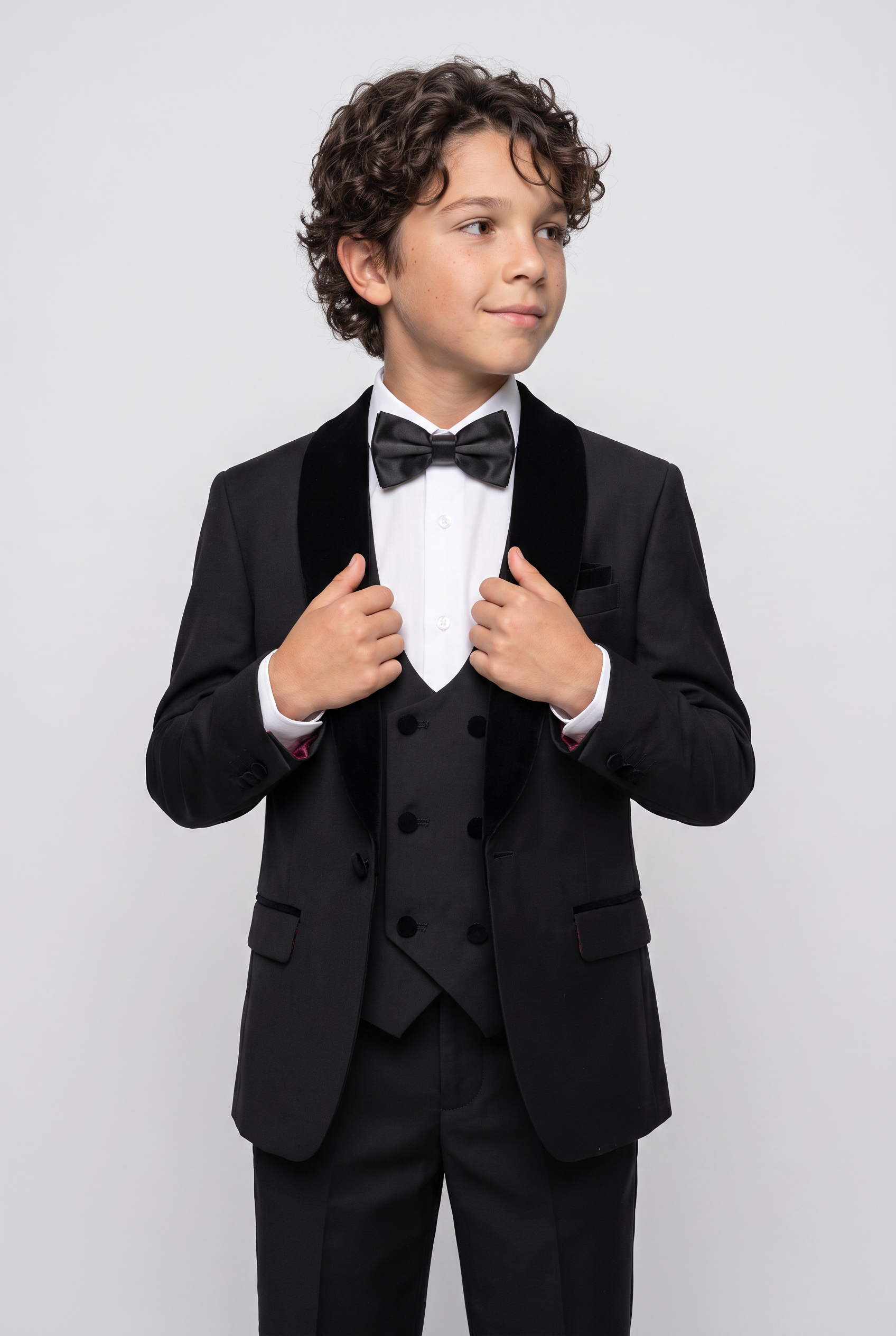 Boys Velvet Trim Black Formal Suit - Black