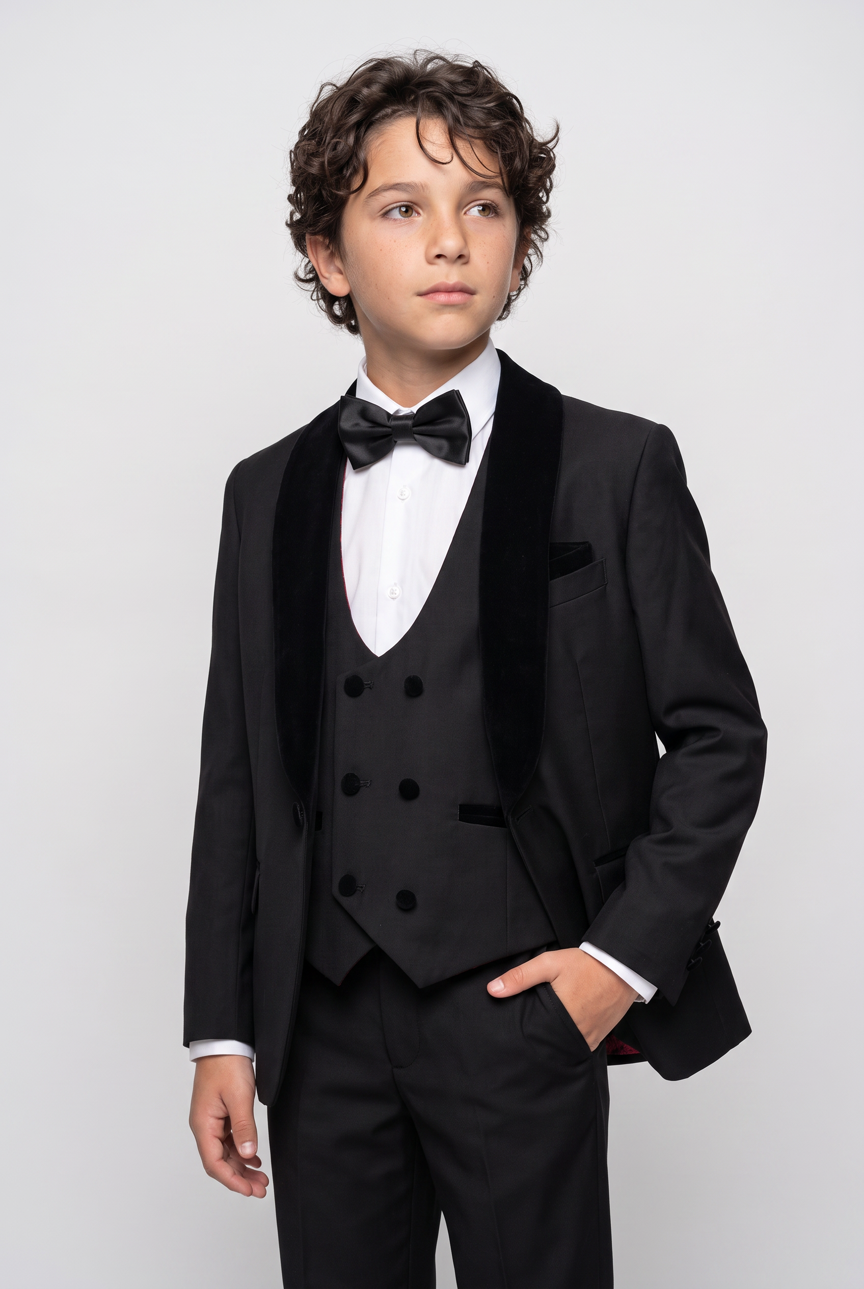Boys Velvet Trim Black Formal Suit - Black