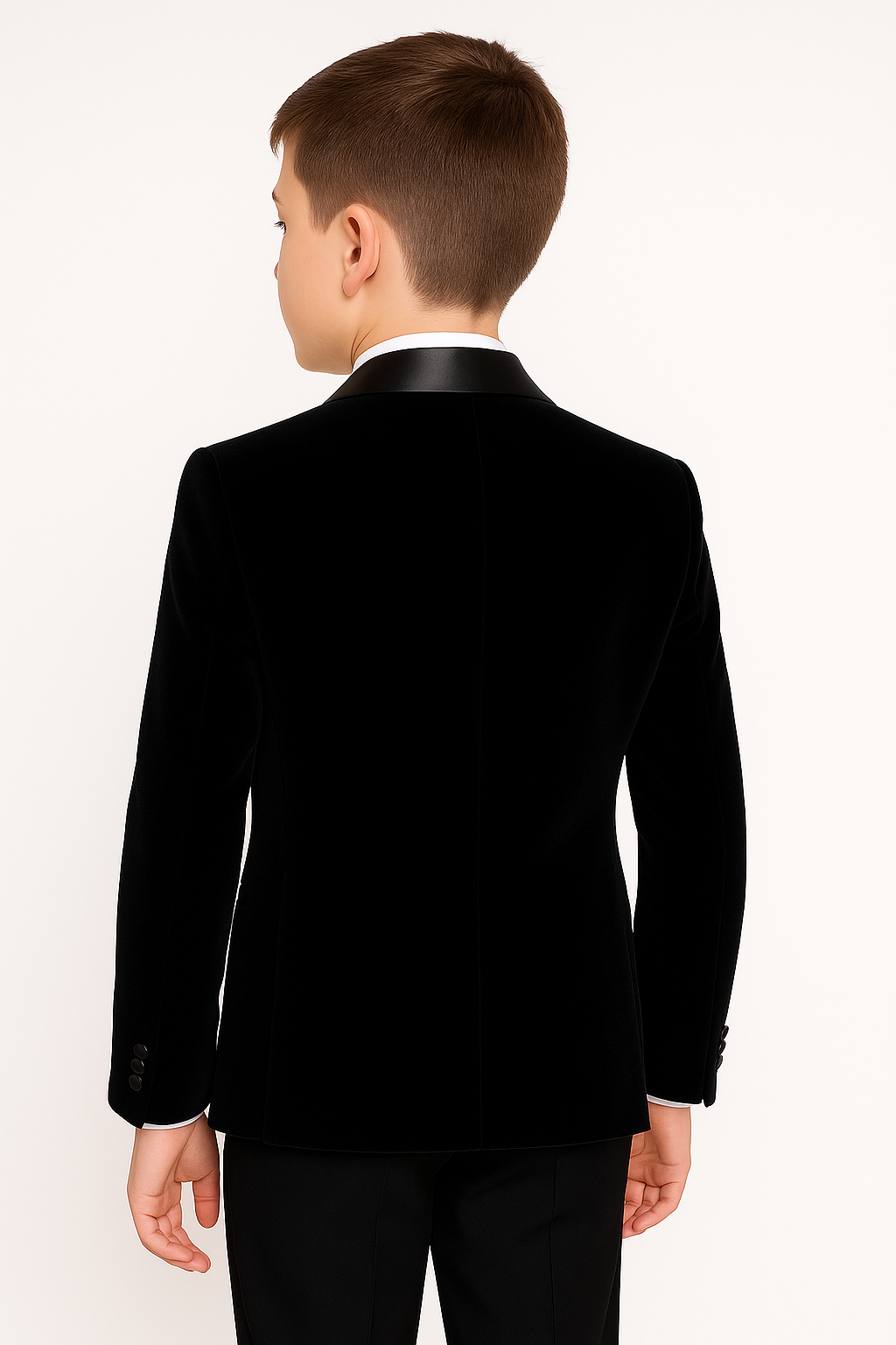 Boys Velvet Tuxedo Suit with Double-breasted Vest - Black Back Picture