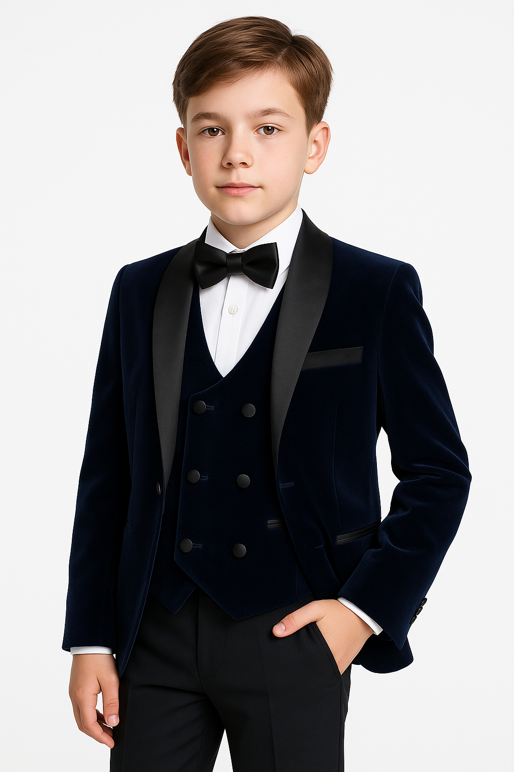 Boys Velvet Tuxedo Suit with Double-breasted Vest - Navy Blue Modle Picture