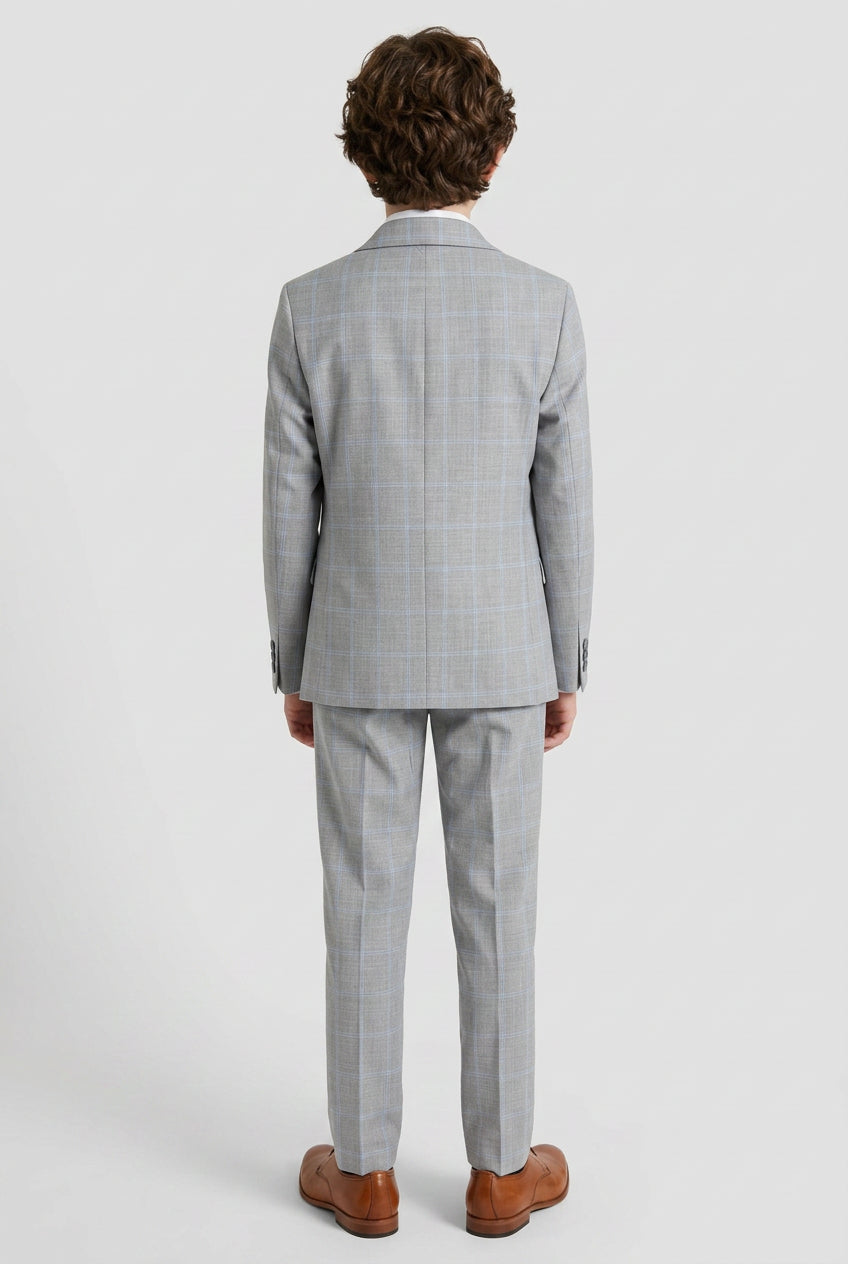 Boys Windowpane Check 6 Piece Suit Set - Grey