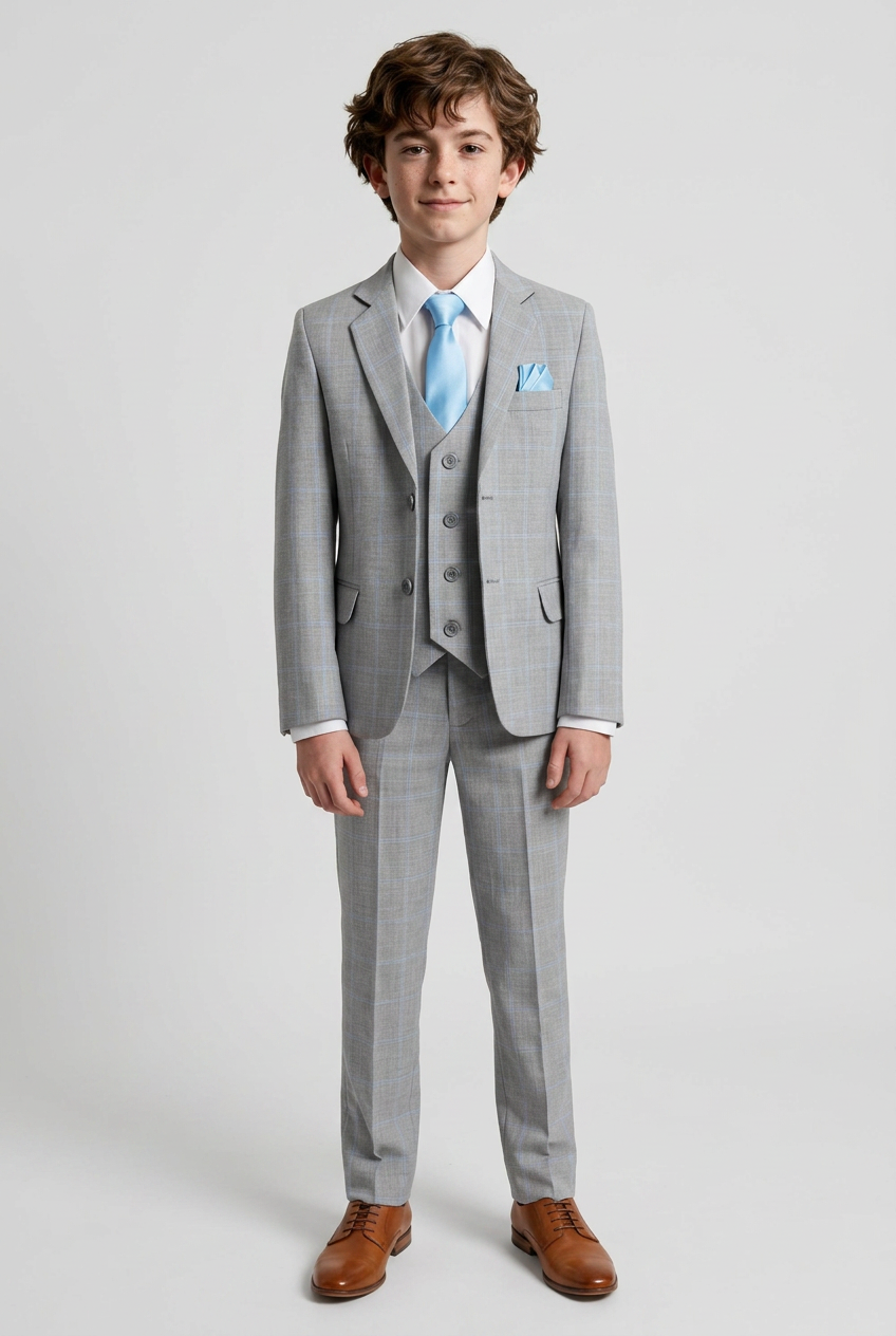 Boys Windowpane Check 6 Piece Suit Set - Grey