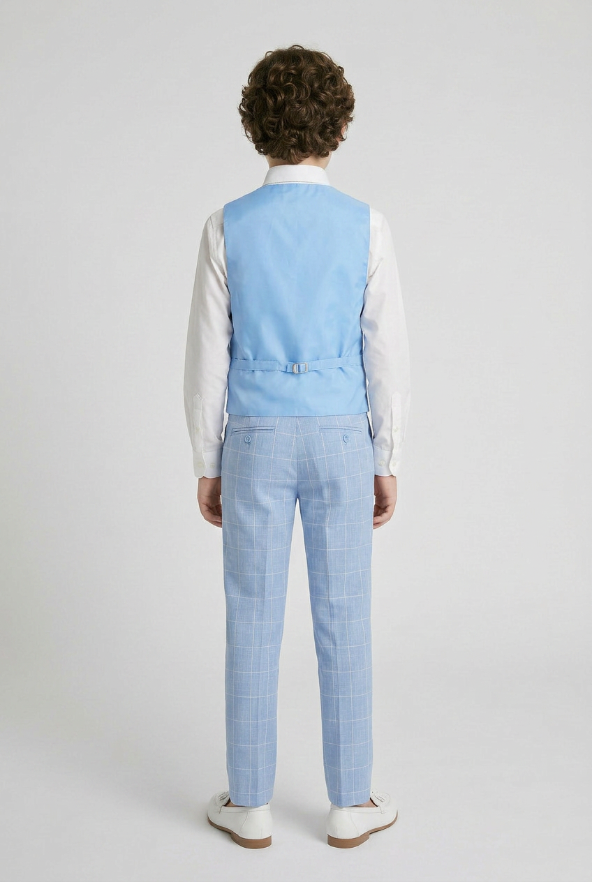 Boys Windowpane Check Blue Waistcoat Set - E-SAM - Blue