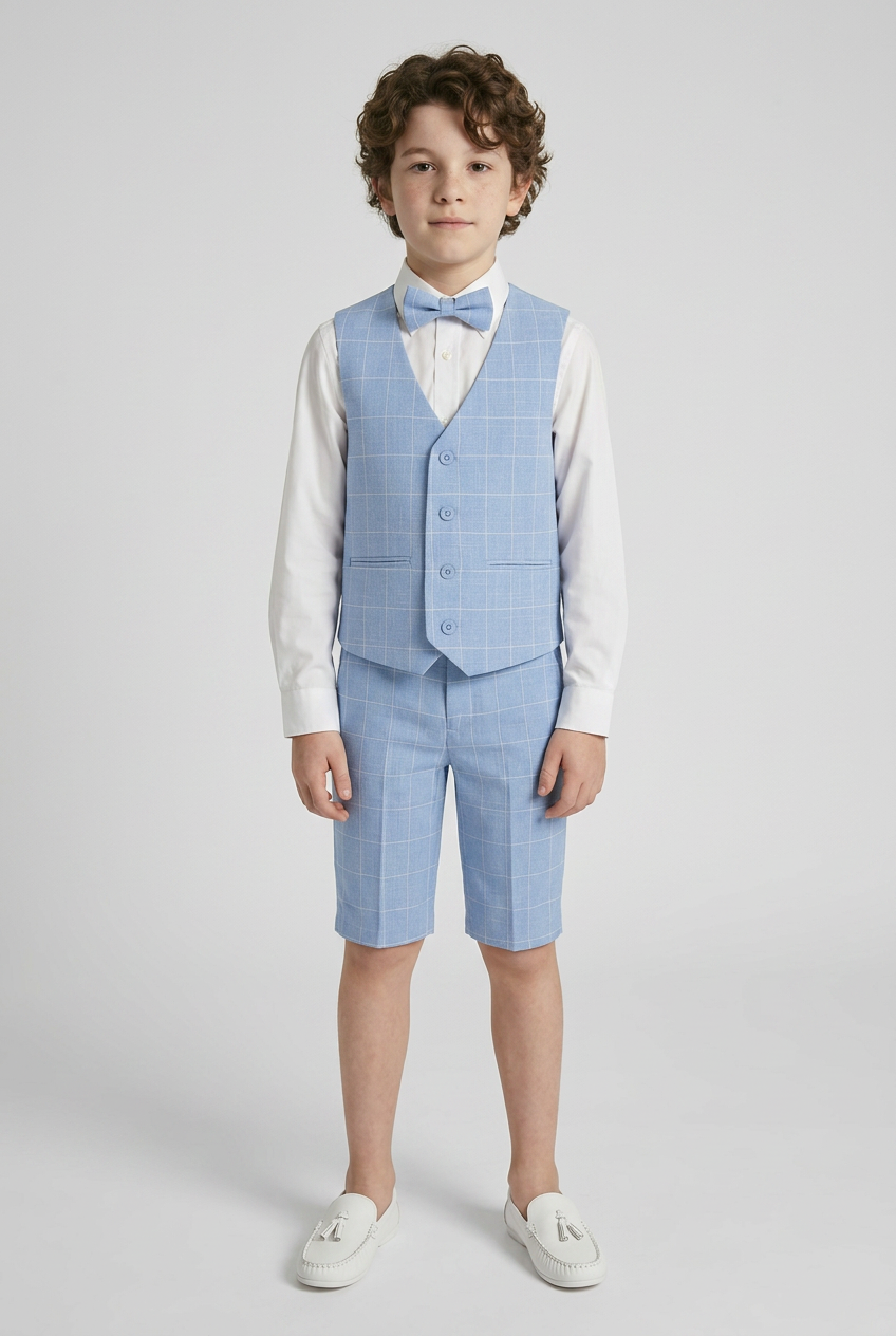 Boys Windowpane Check Blue Waistcoat Set - E-SAM - Blue