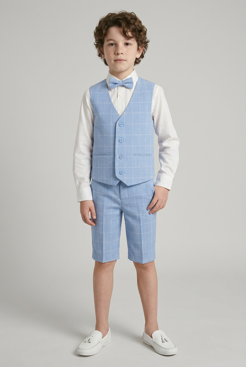 Boys Windowpane Check Blue Waistcoat Set - E-SAM - Blue